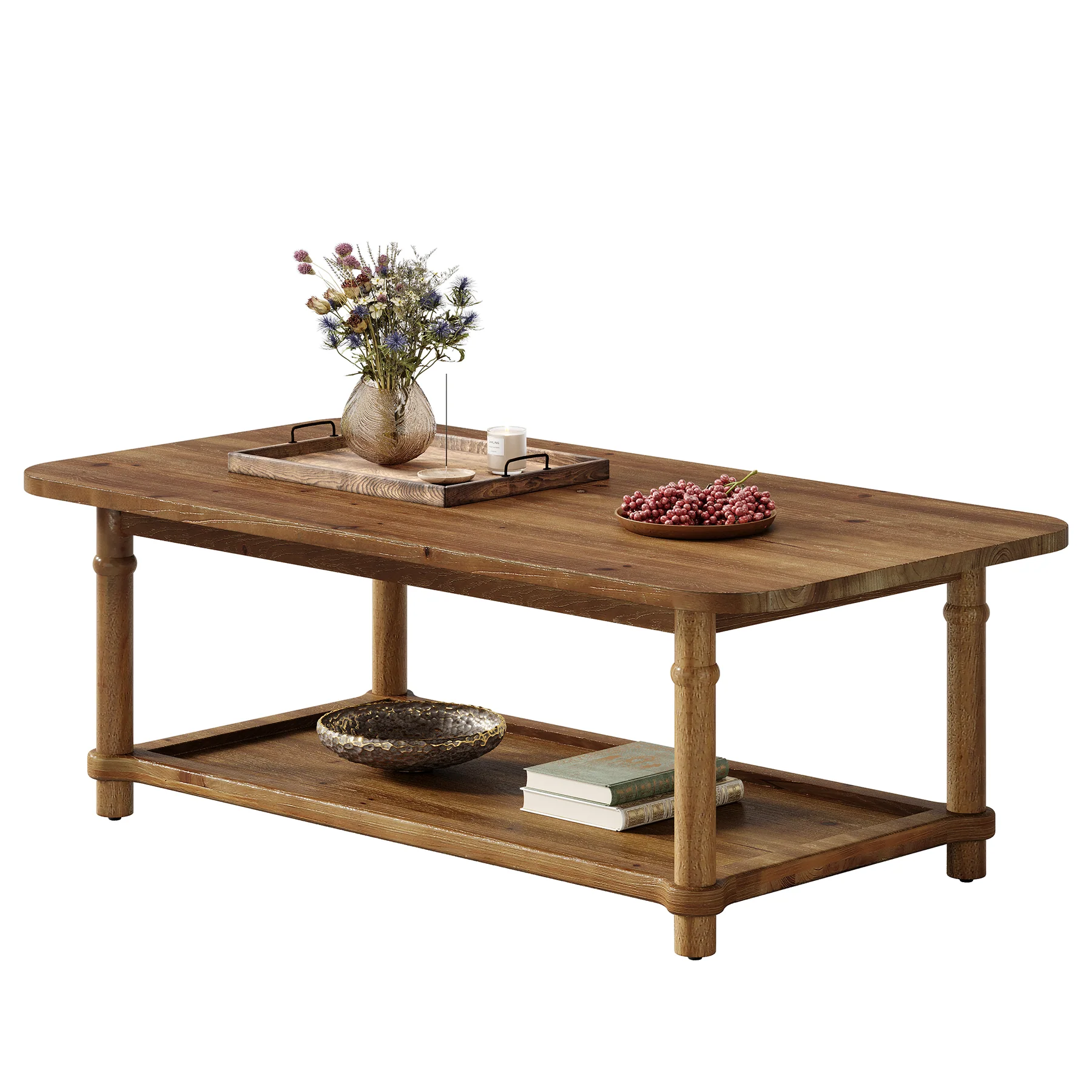 47-Inch Rectangle Coffee Table, Solid Wood 2-Tier Storage Table for Living Room - Image 8