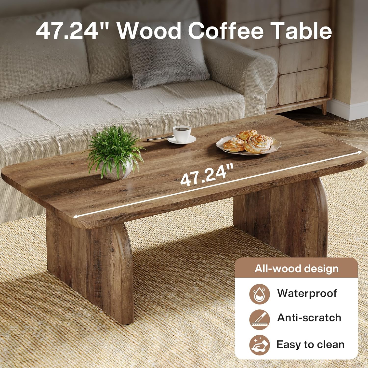 47 Inch Wood Rectangular Coffee Table, Living Room Table - Image 6