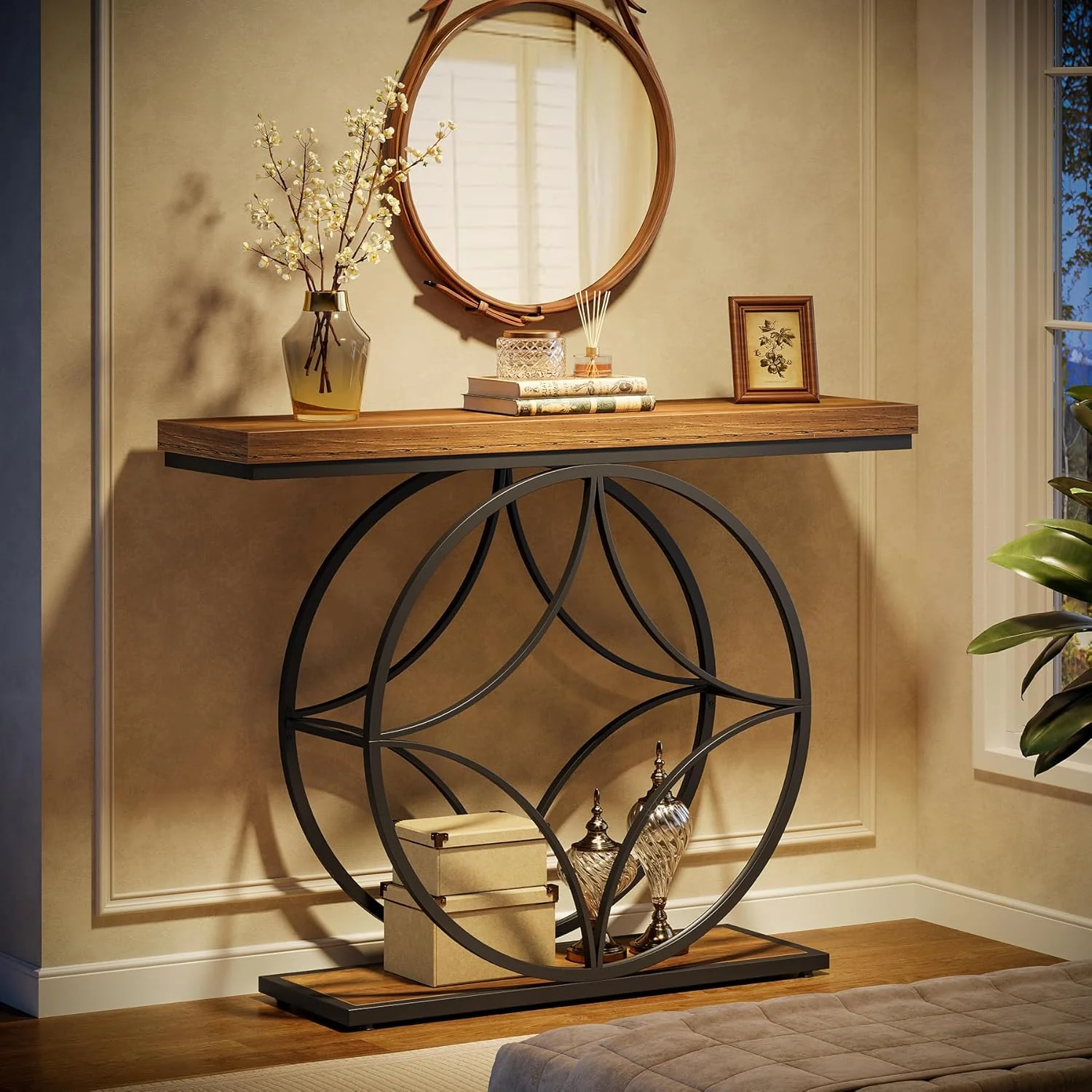 47" Industrial Console Table - 2-Tier Sofa Table with Geometric Metal Frame & Storage, Rustic Brown - Image 6