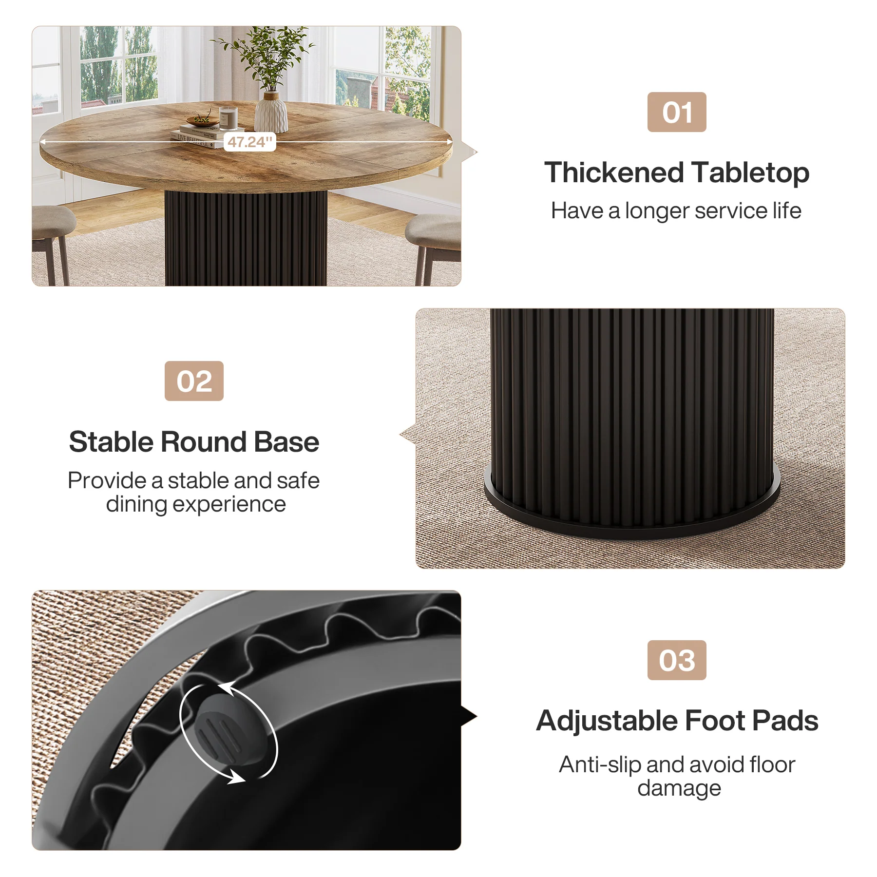 47" Round Dining Table for 4–6 People, Modern Farmhouse Kitchen Table with Fluted Pedestal Base - Image 14