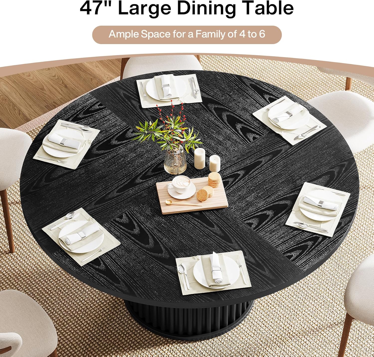 47" Round Dining Table for 4–6 People, Modern Farmhouse Kitchen Table with Fluted Pedestal Base - Image 7