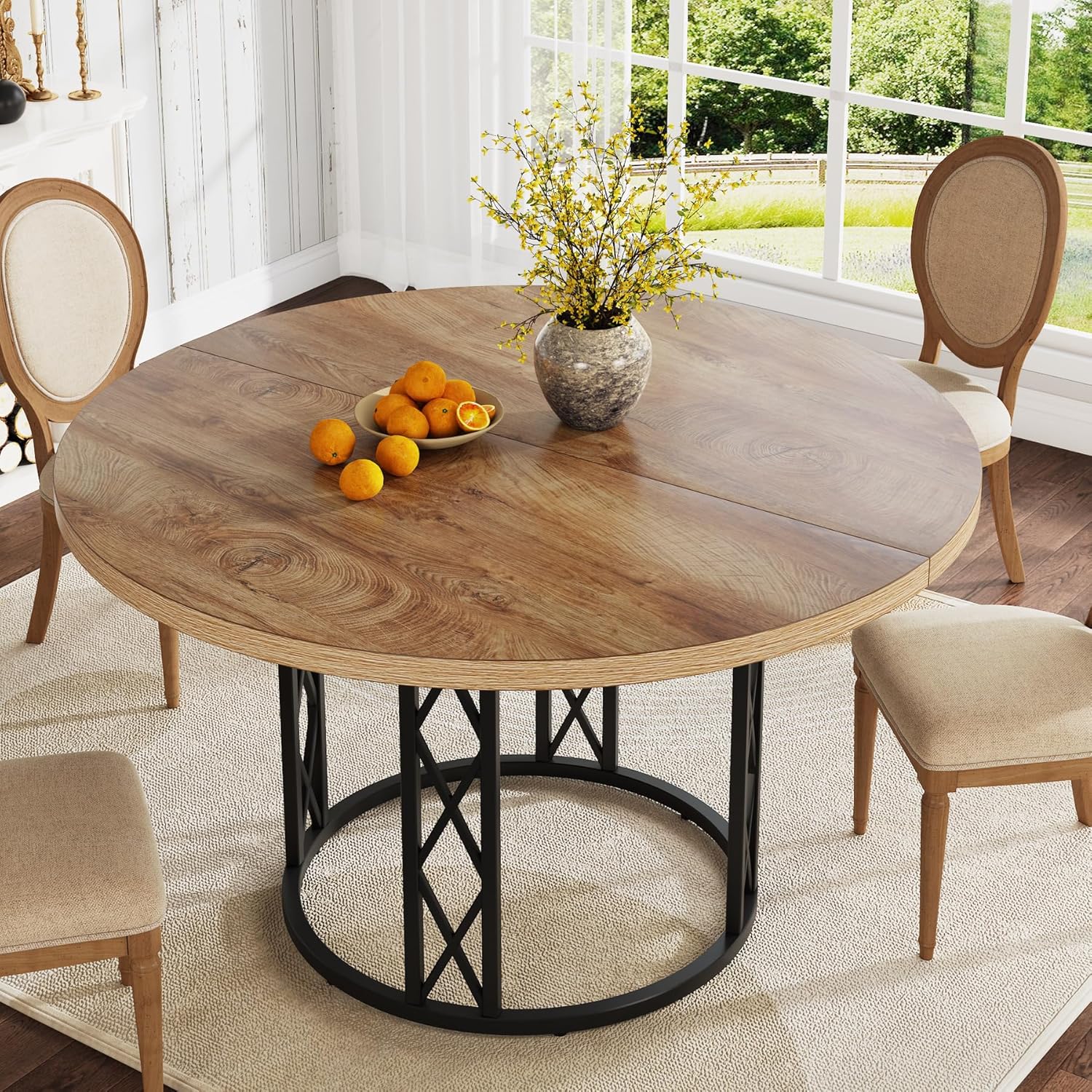 47" Round Dining Table - Rustic Wood Top & Metal Base for 4 People - Image 6