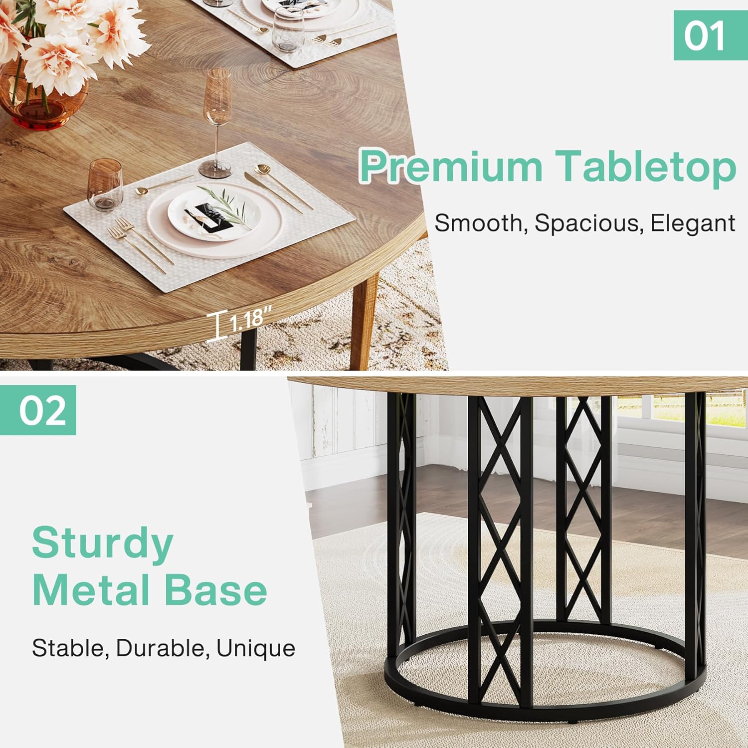 47" Round Dining Table - Rustic Wood Top & Metal Base for 4 People - Image 8