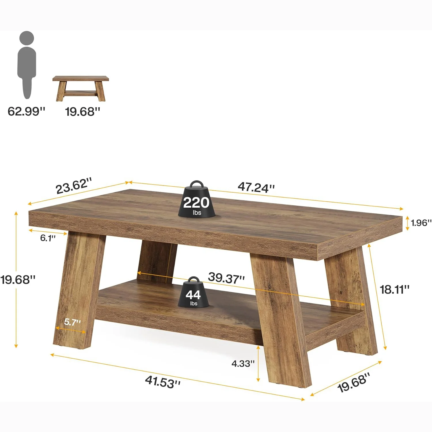 47" Rustic Farmhouse Coffee Table - 2-Tier Rectangular Storage Center Table for Living Room - Image 2
