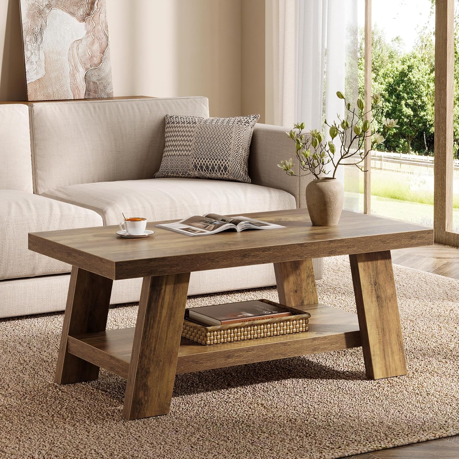 47" Rustic Farmhouse Coffee Table - 2-Tier Rectangular Storage Center Table for Living Room - Image 3