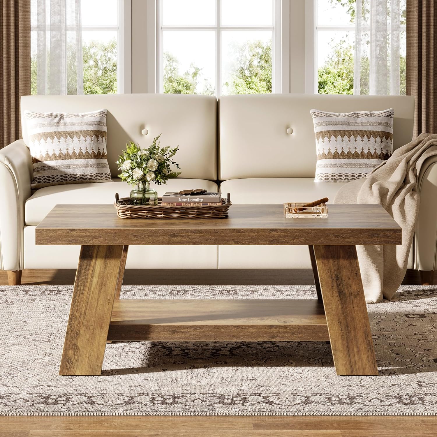 47" Rustic Farmhouse Coffee Table - 2-Tier Rectangular Storage Center Table for Living Room - Image 4
