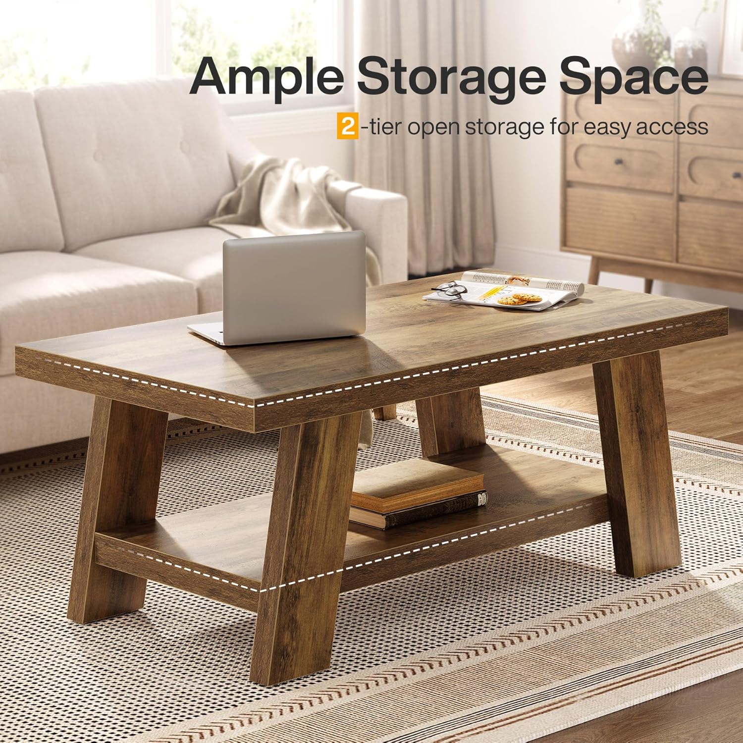 47" Rustic Farmhouse Coffee Table - 2-Tier Rectangular Storage Center Table for Living Room - Image 5