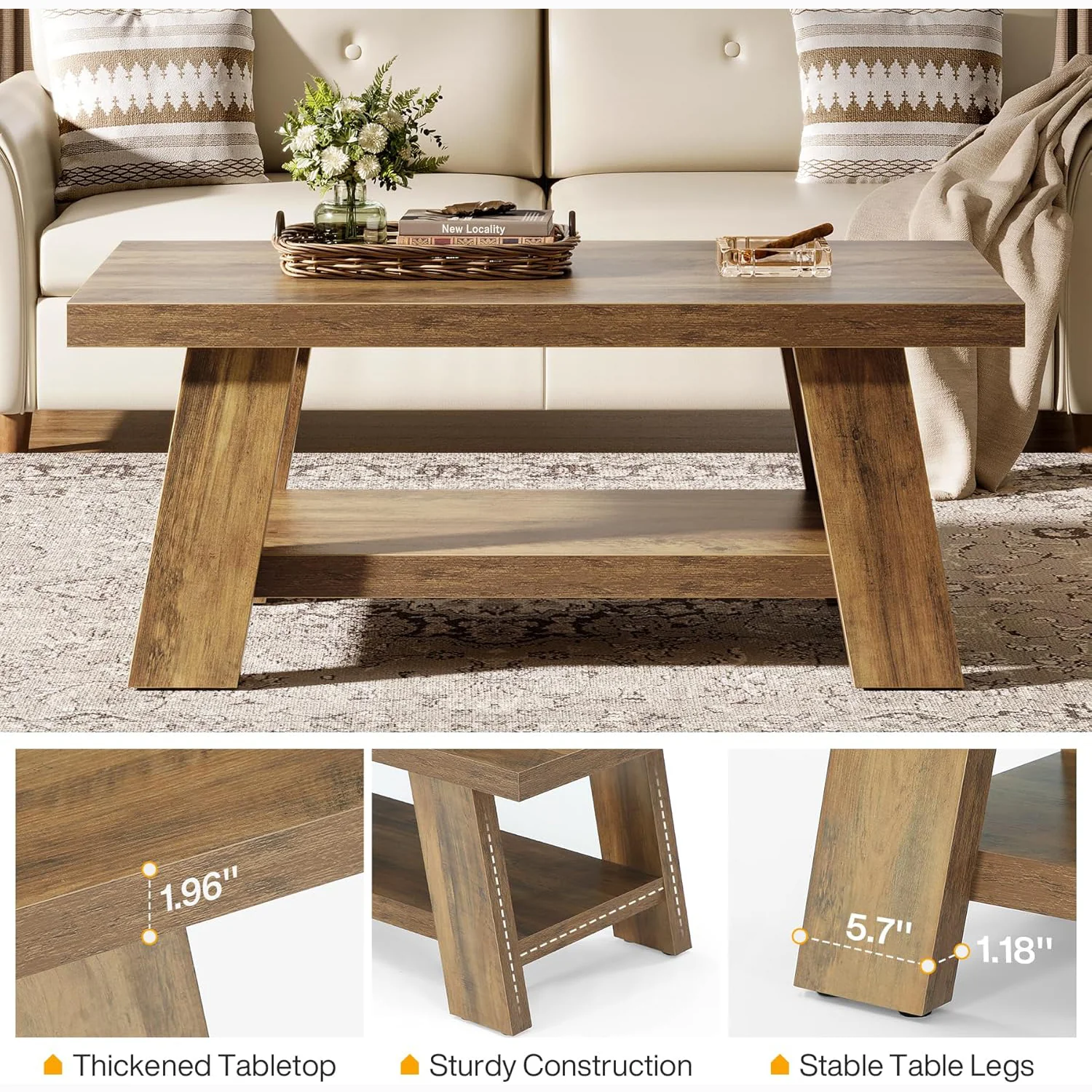 47" Rustic Farmhouse Coffee Table - 2-Tier Rectangular Storage Center Table for Living Room - Image 7
