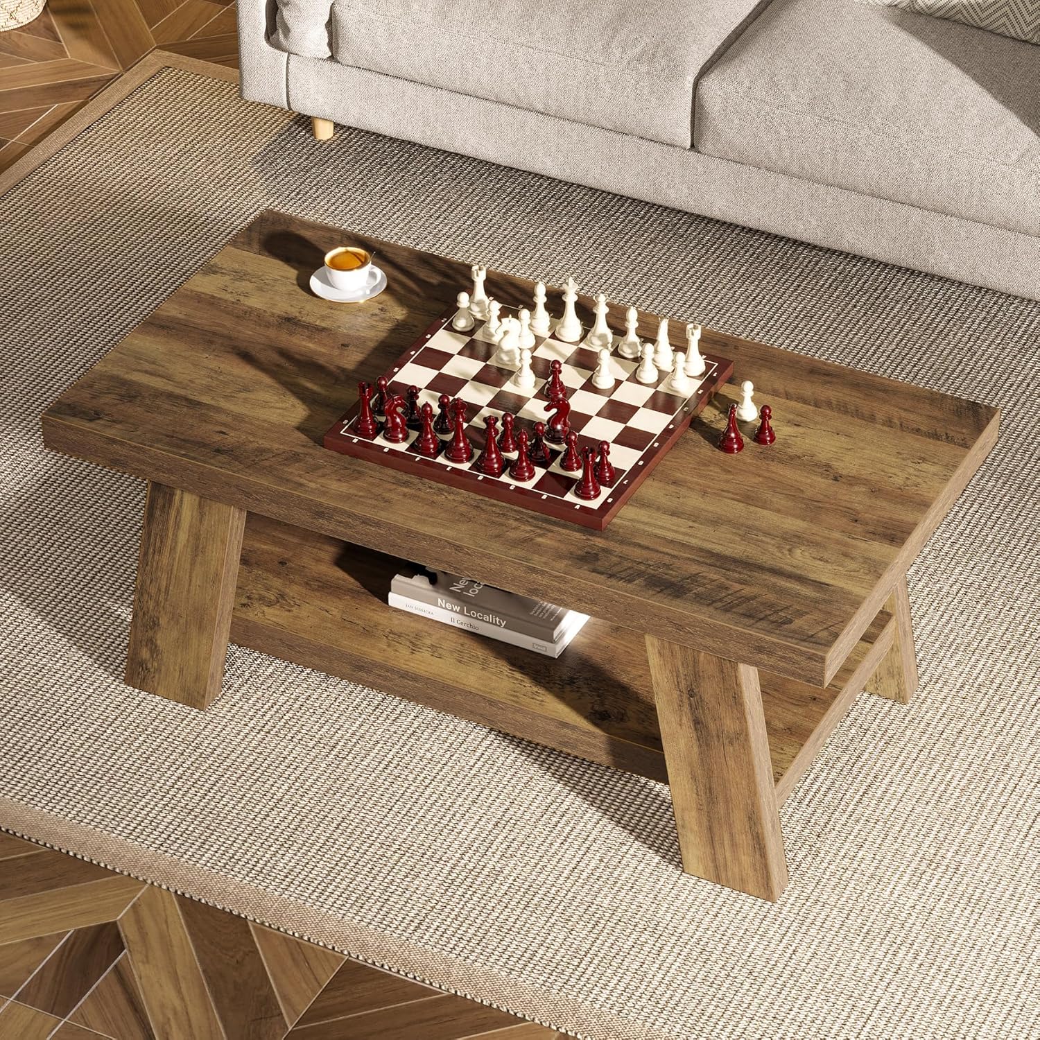 47" Rustic Farmhouse Coffee Table - 2-Tier Rectangular Storage Center Table for Living Room - Image 8
