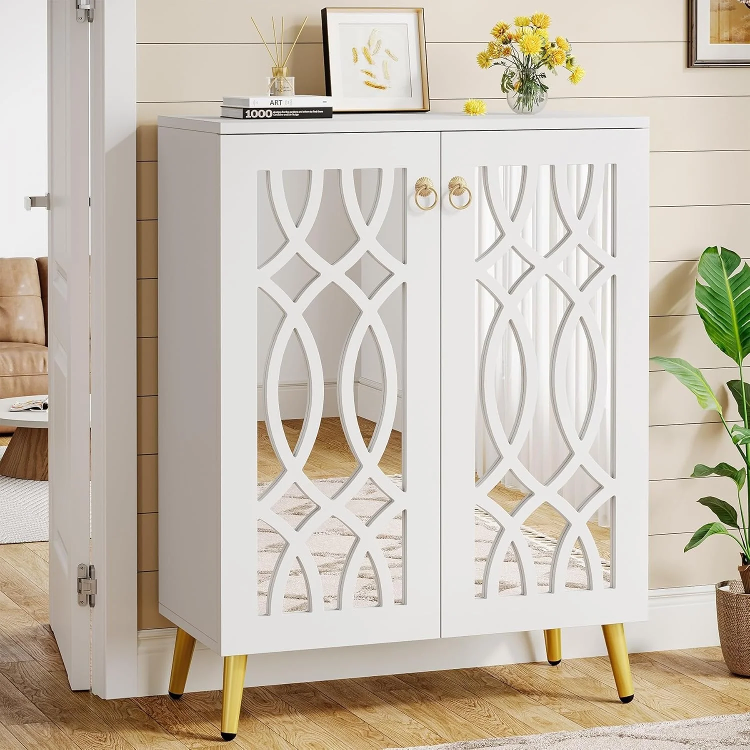 5-Tier Mirrored Shoe Cabinet, White Modern Shoe Organizer with Doors for Entrance or Bedroom - Image 3