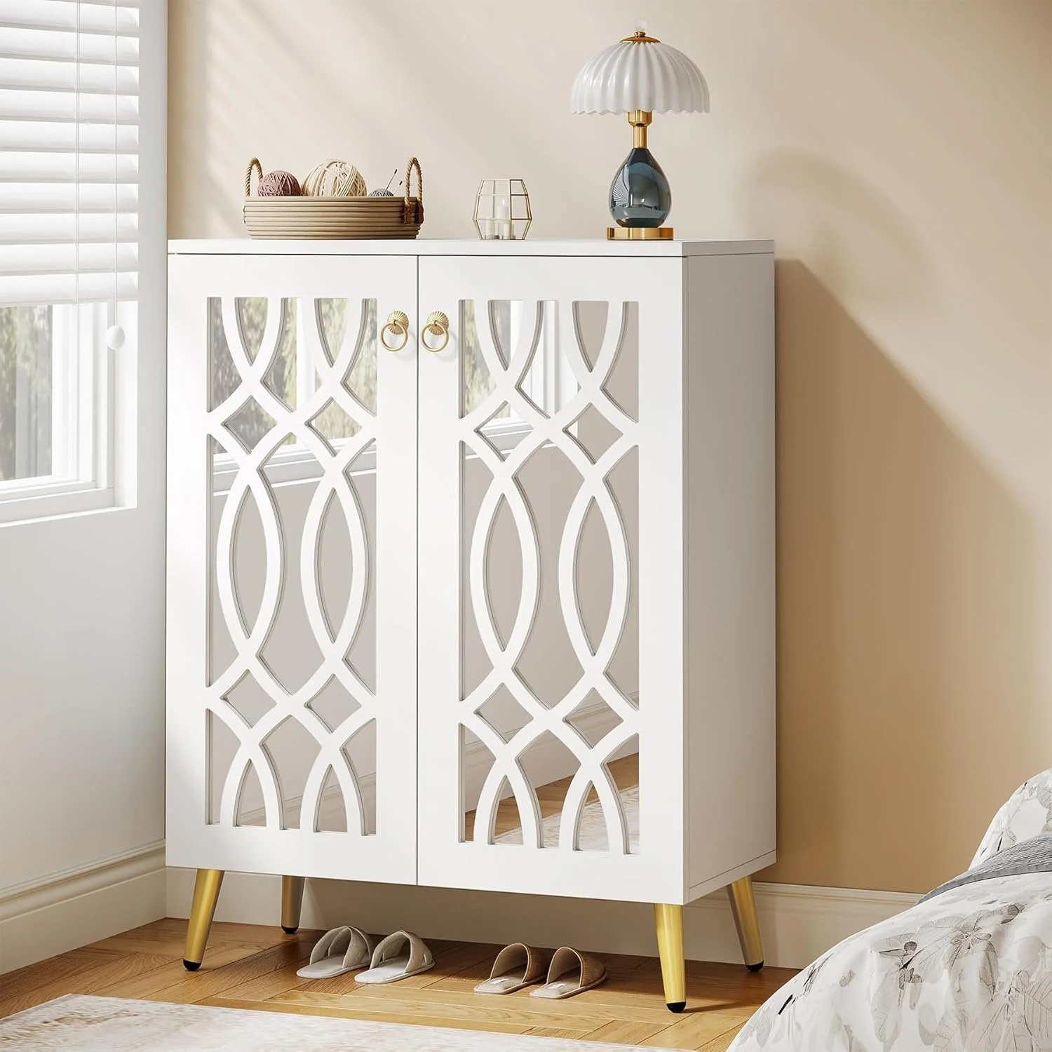5-Tier Mirrored Shoe Cabinet, White Modern Shoe Organizer with Doors for Entrance or Bedroom - Image 4