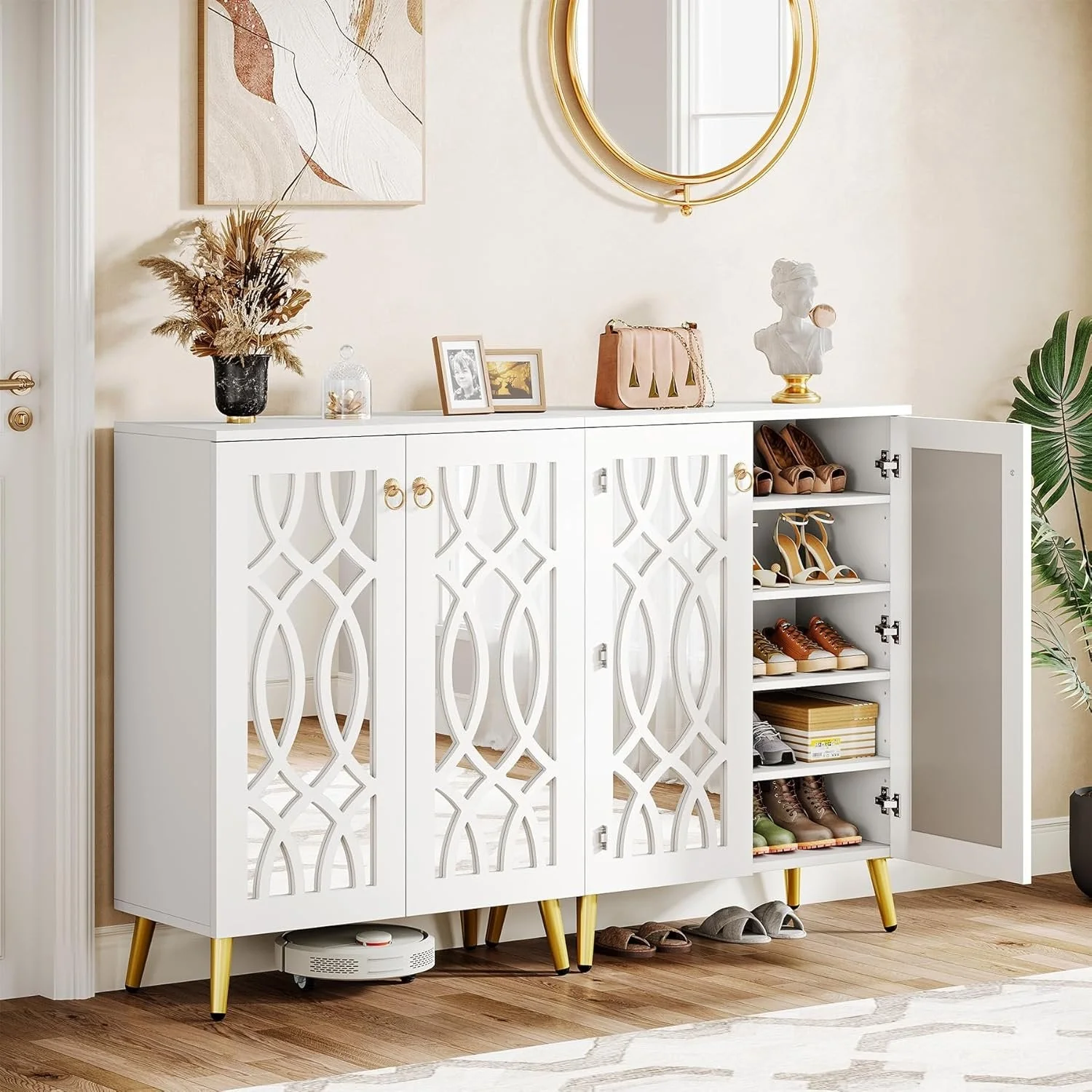 5-Tier Mirrored Shoe Cabinet, White Modern Shoe Organizer with Doors for Entrance or Bedroom - Image 5