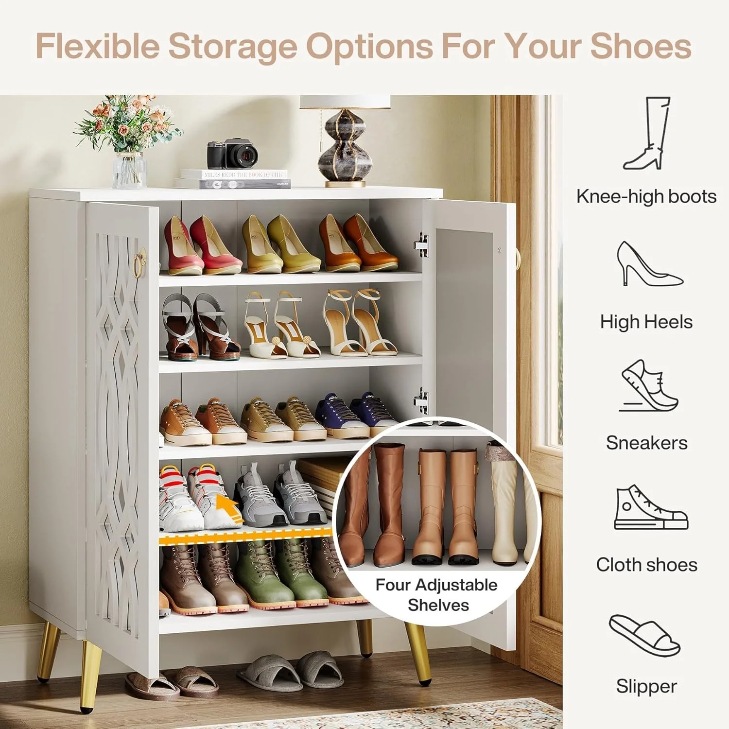 5-Tier Mirrored Shoe Cabinet, White Modern Shoe Organizer with Doors for Entrance or Bedroom - Image 7