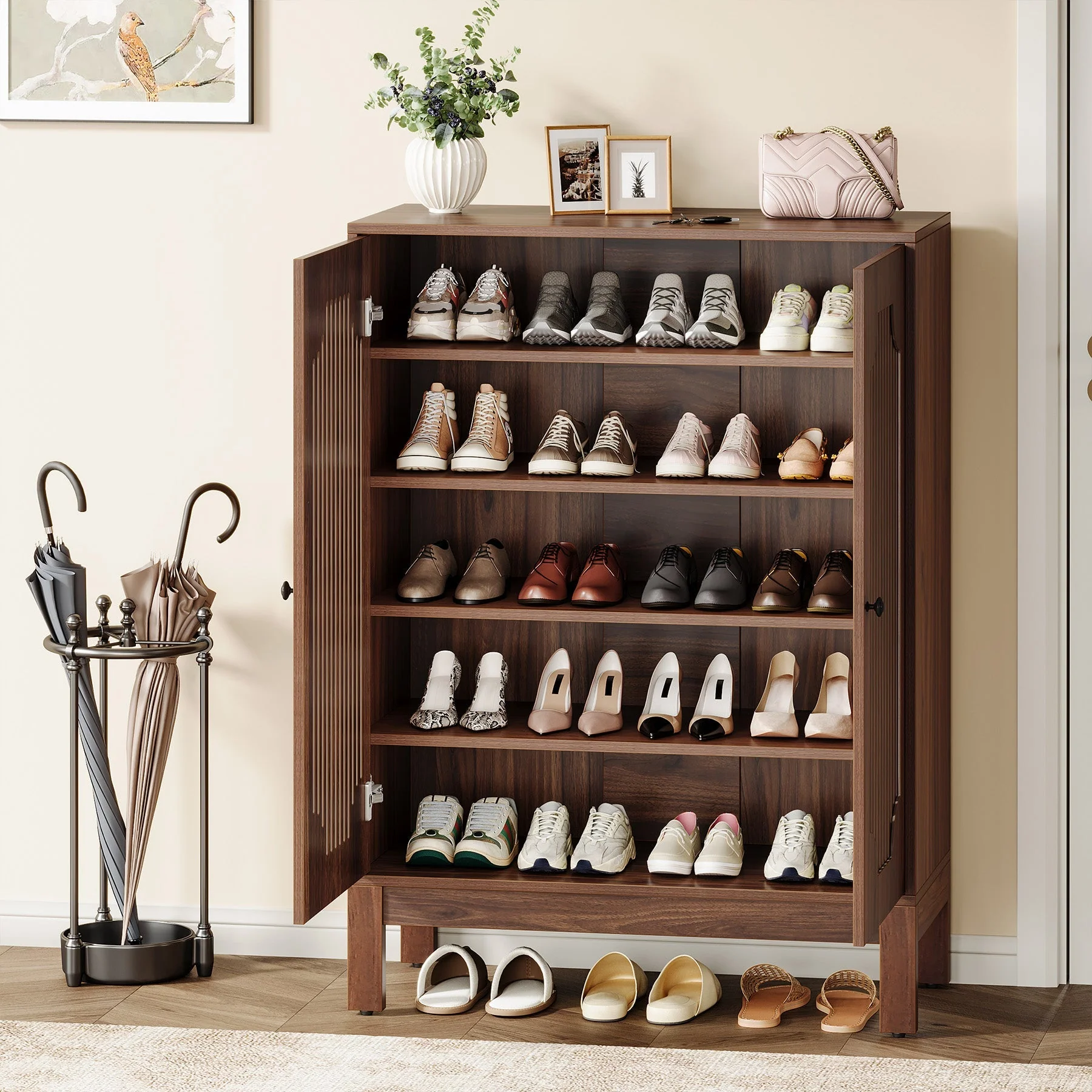 5-Tier Shoe Cabinet with Doors, Adjustable Wooden Shoe Rack Organizer for 20 Pairs - Image 4