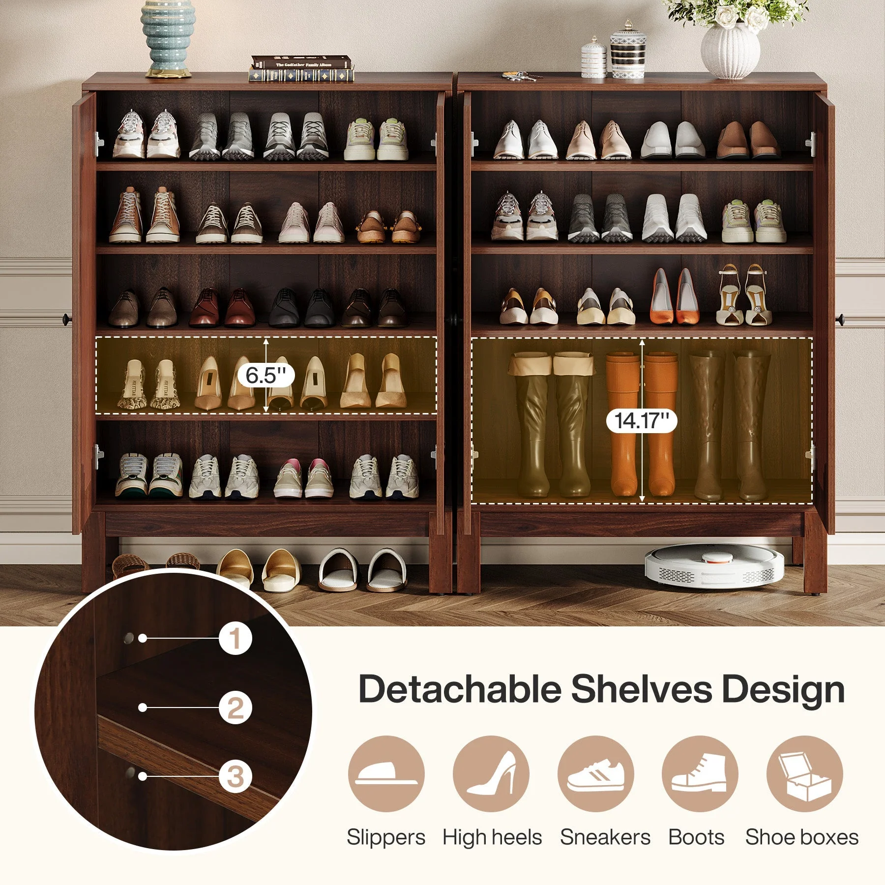 5-Tier Shoe Cabinet with Doors, Adjustable Wooden Shoe Rack Organizer for 20 Pairs - Image 7