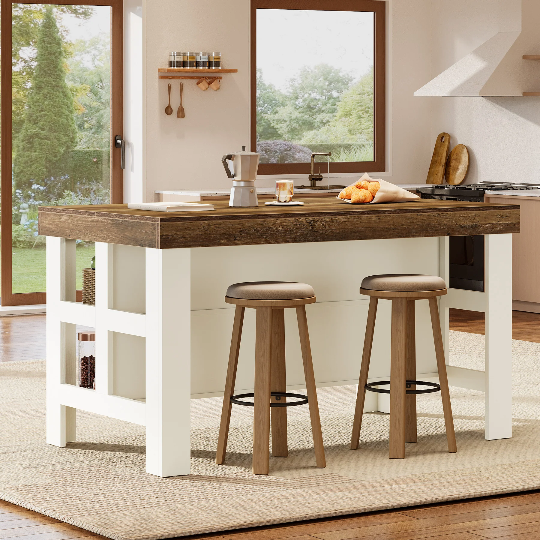Tribesigns 55.1-Inch Kitchen Island with Seating and Storage Shelves, Farmhouse Breakfast Counter Table for Kitchen and Dining Room - Image 7