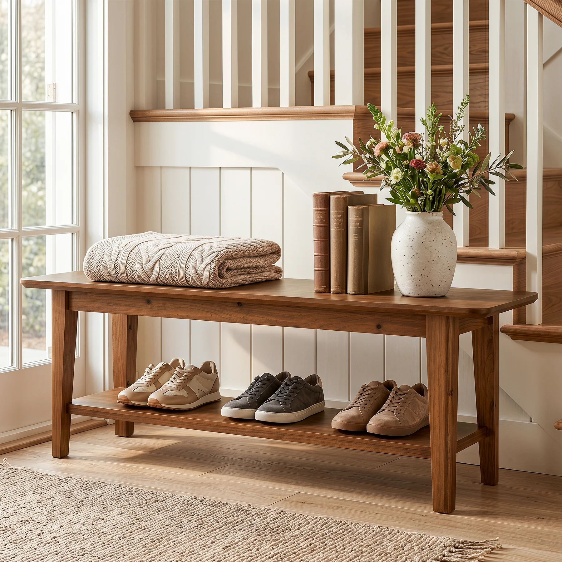 Tribesigns 55.12-Inch Wooden Shoe Bench with Open Shelves, Farmhouse Entryway Bench for Hallway