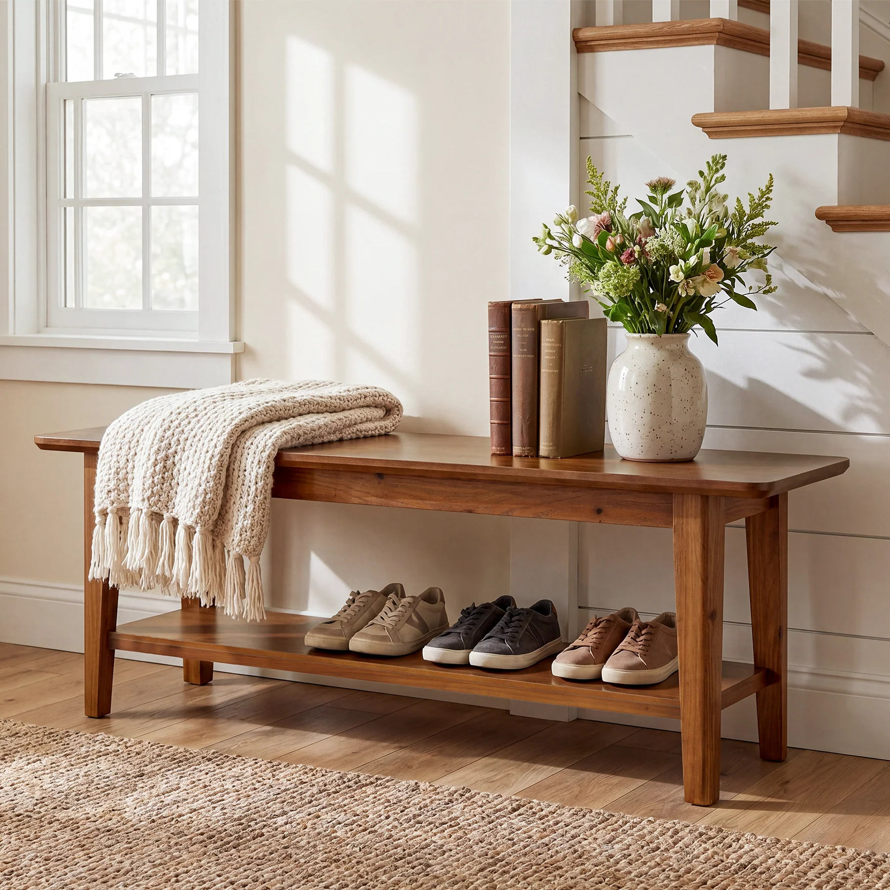 Tribesigns 55.12-Inch Wooden Shoe Bench with Open Shelves, Farmhouse Entryway Bench for Hallway - Image 10
