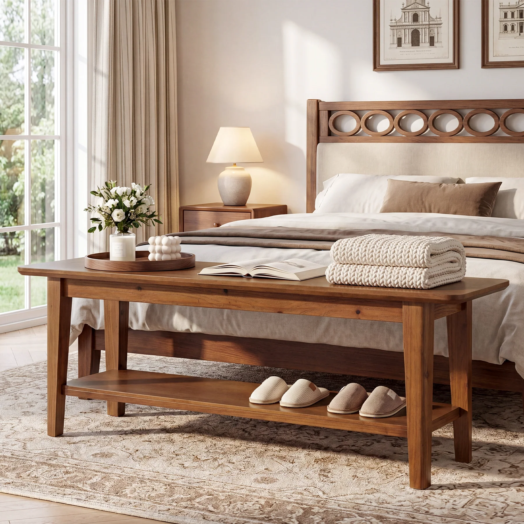 Tribesigns 55.12-Inch Wooden Shoe Bench with Open Shelves, Farmhouse Entryway Bench for Hallway - Image 5
