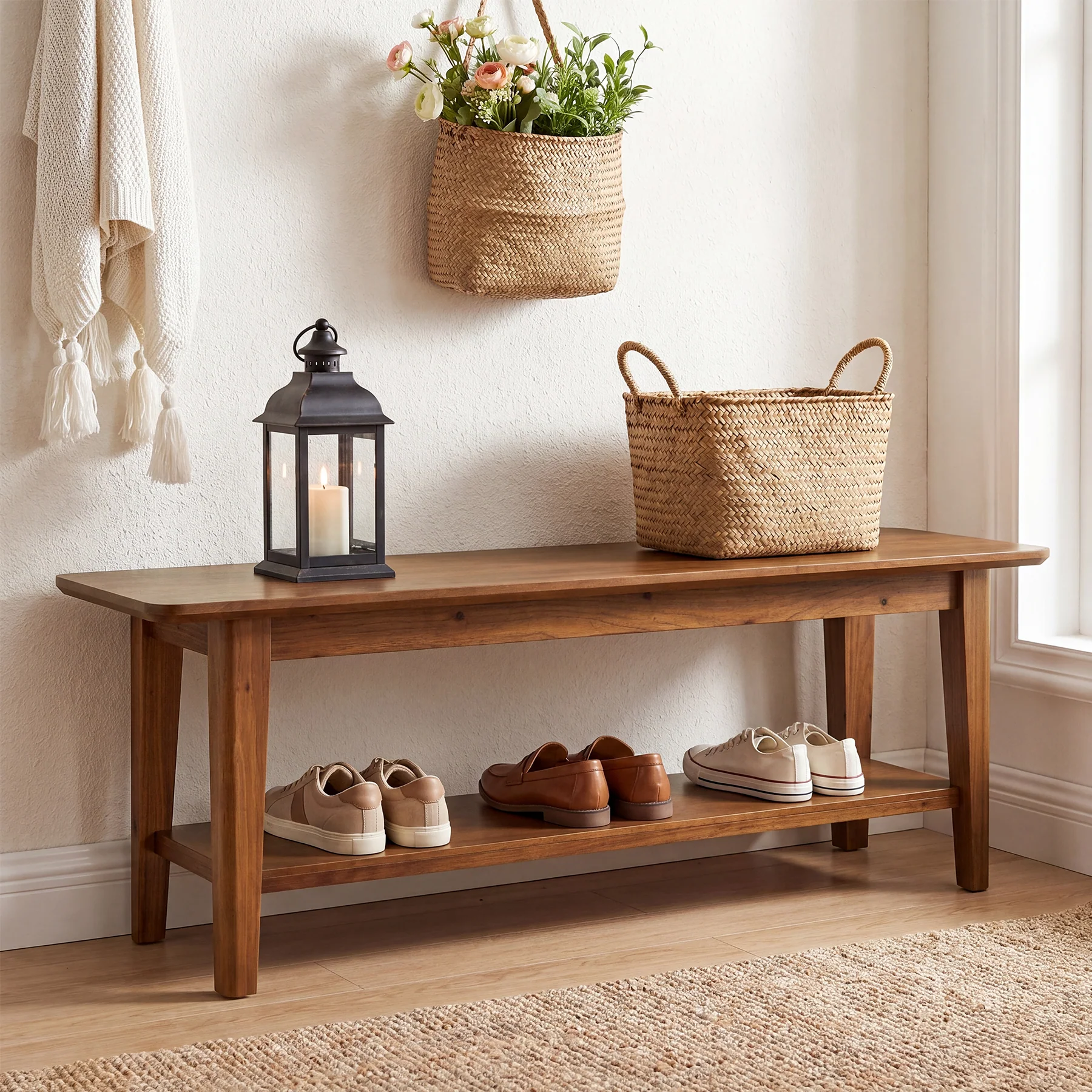 Tribesigns 55.12-Inch Wooden Shoe Bench with Open Shelves, Farmhouse Entryway Bench for Hallway - Image 6
