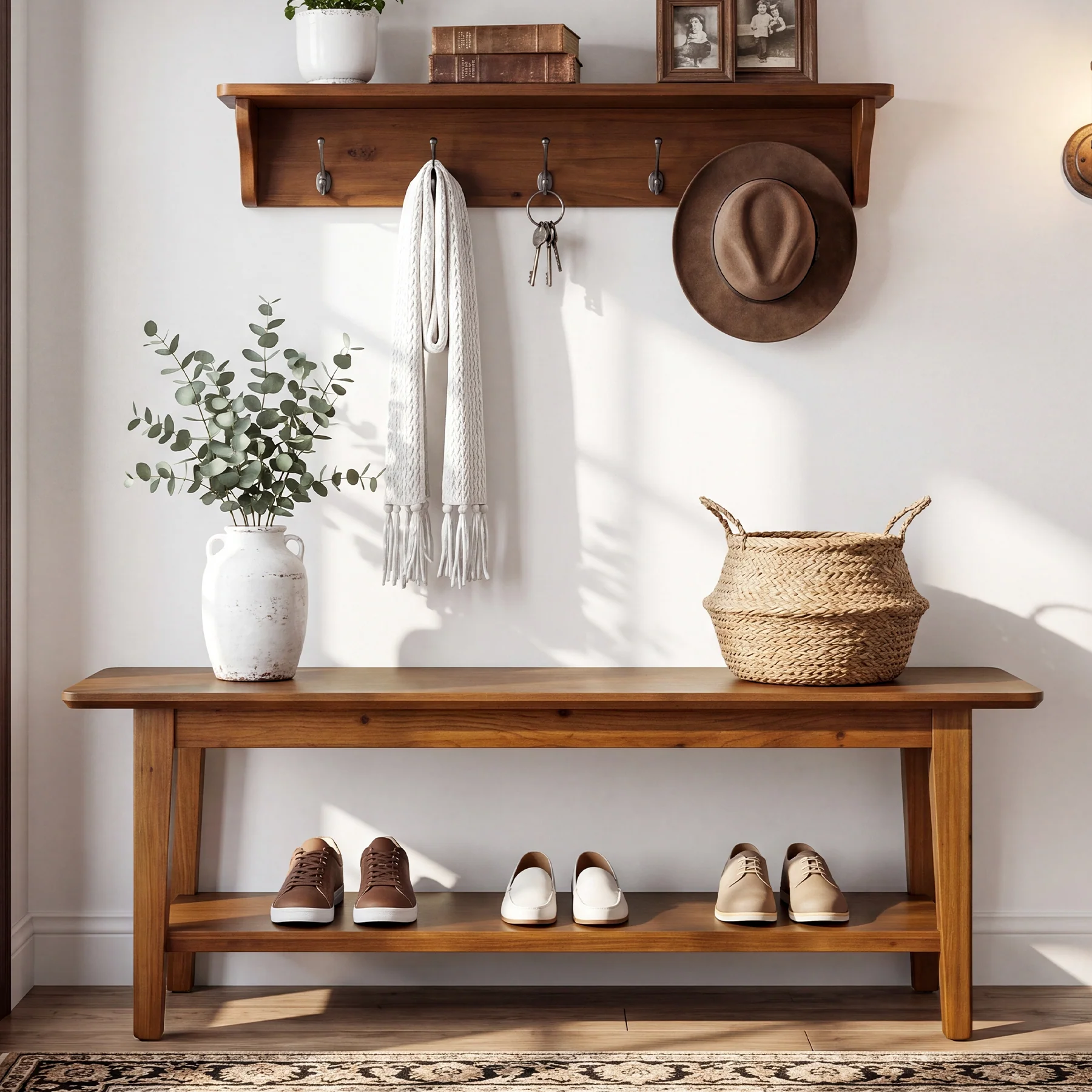 Tribesigns 55.12-Inch Wooden Shoe Bench with Open Shelves, Farmhouse Entryway Bench for Hallway - Image 7