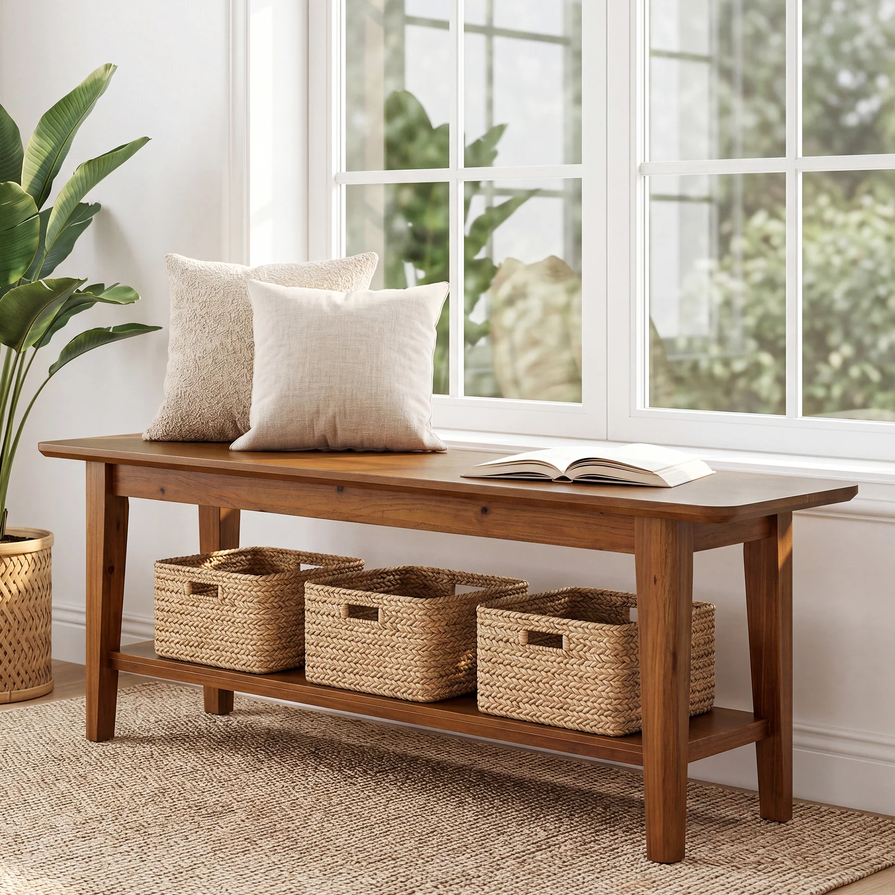 Tribesigns 55.12-Inch Wooden Shoe Bench with Open Shelves, Farmhouse Entryway Bench for Hallway - Image 8