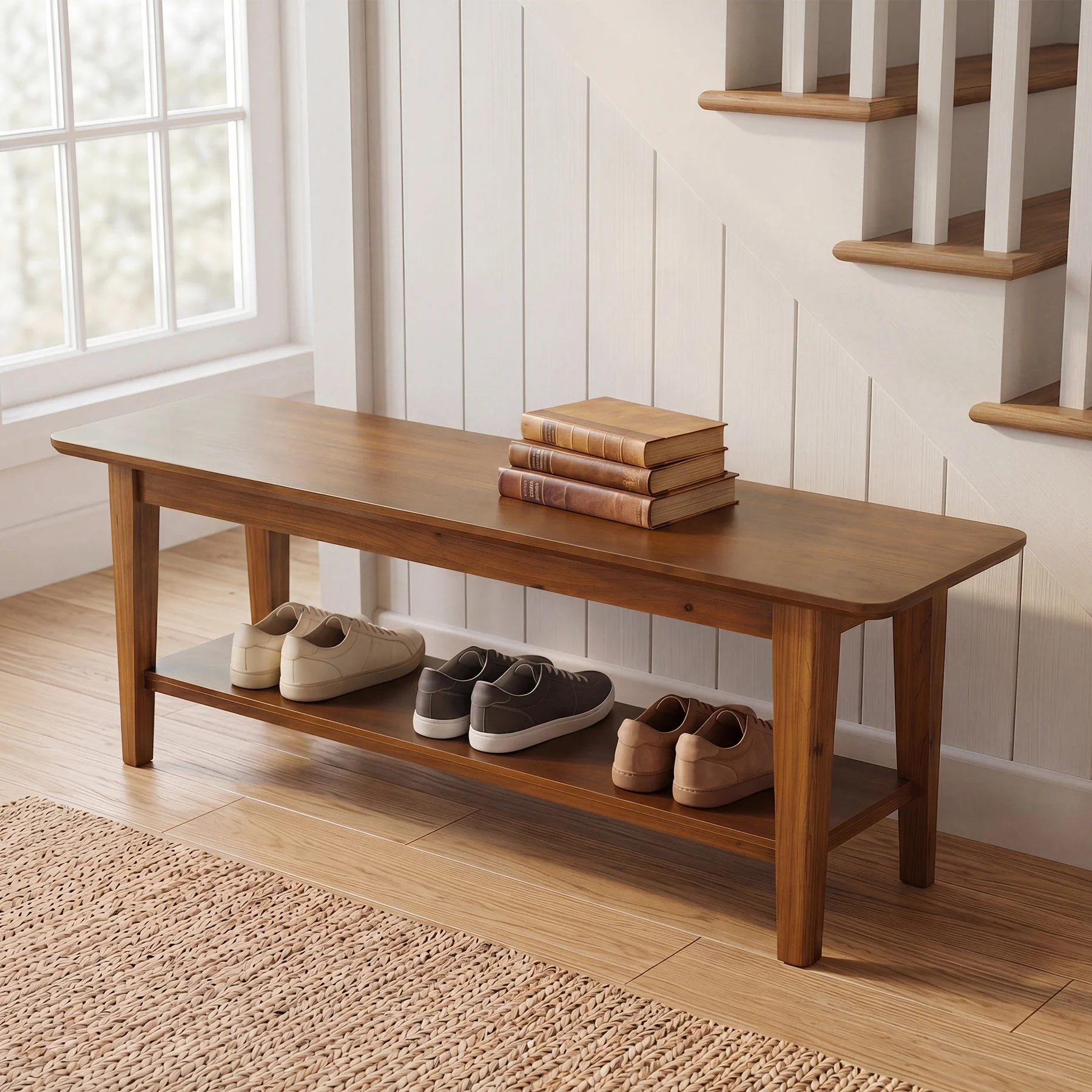 Tribesigns 55.12-Inch Wooden Shoe Bench with Open Shelves, Farmhouse Entryway Bench for Hallway - Image 9