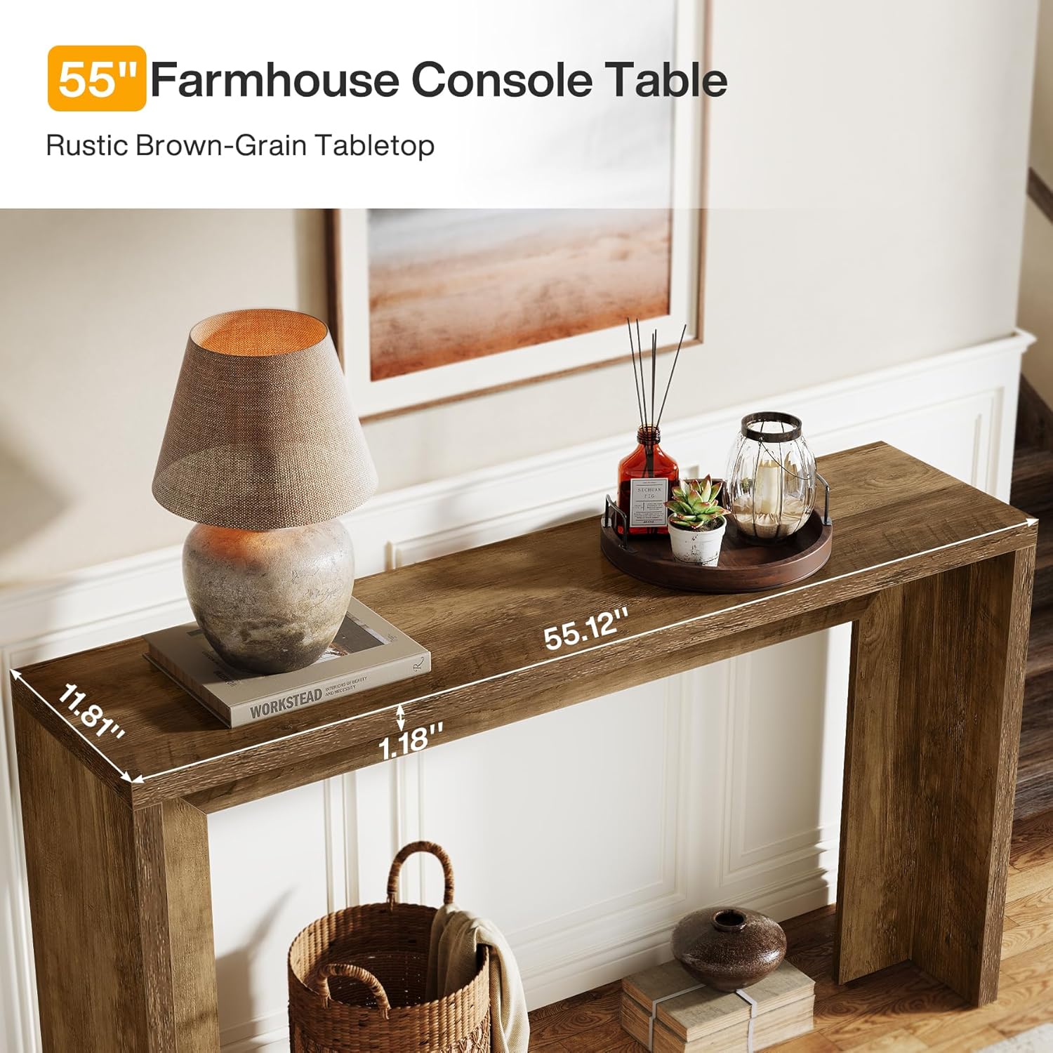 55" Farmhouse Console Table with Storage - Rustic Sofa Table for Hallway & Living Room - Image 7