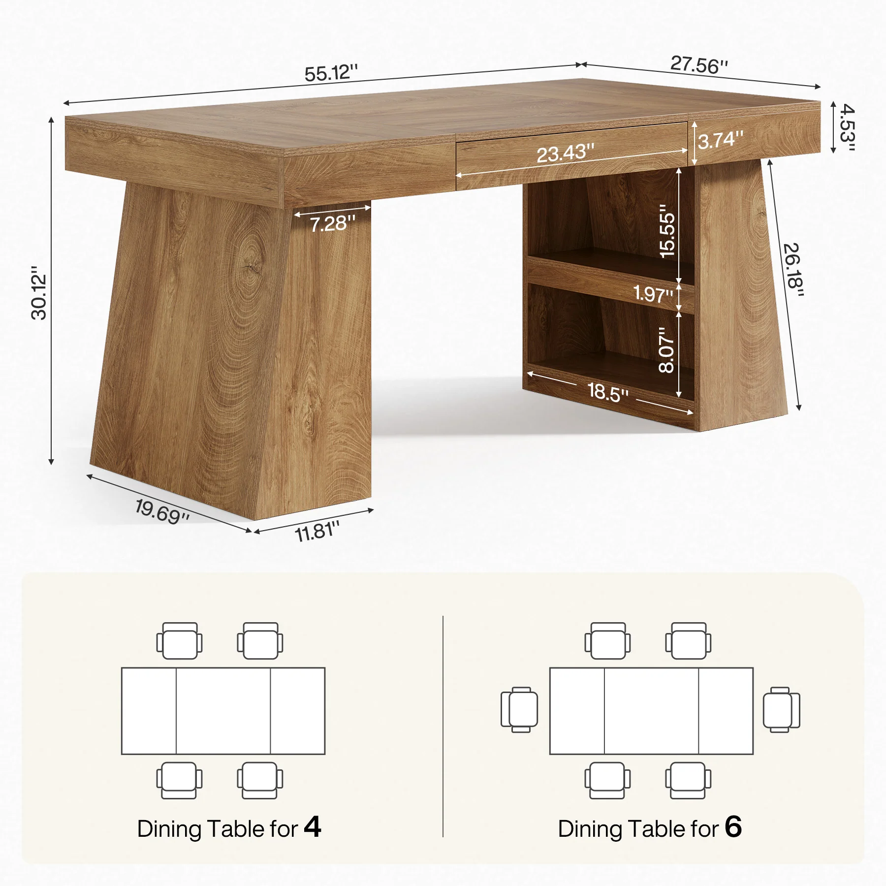 Tribesigns 55 Inch Dining Table for 4-6 People, Farmhouse Wooden Kitchen Table with Storage Drawer and Shelves - Image 2
