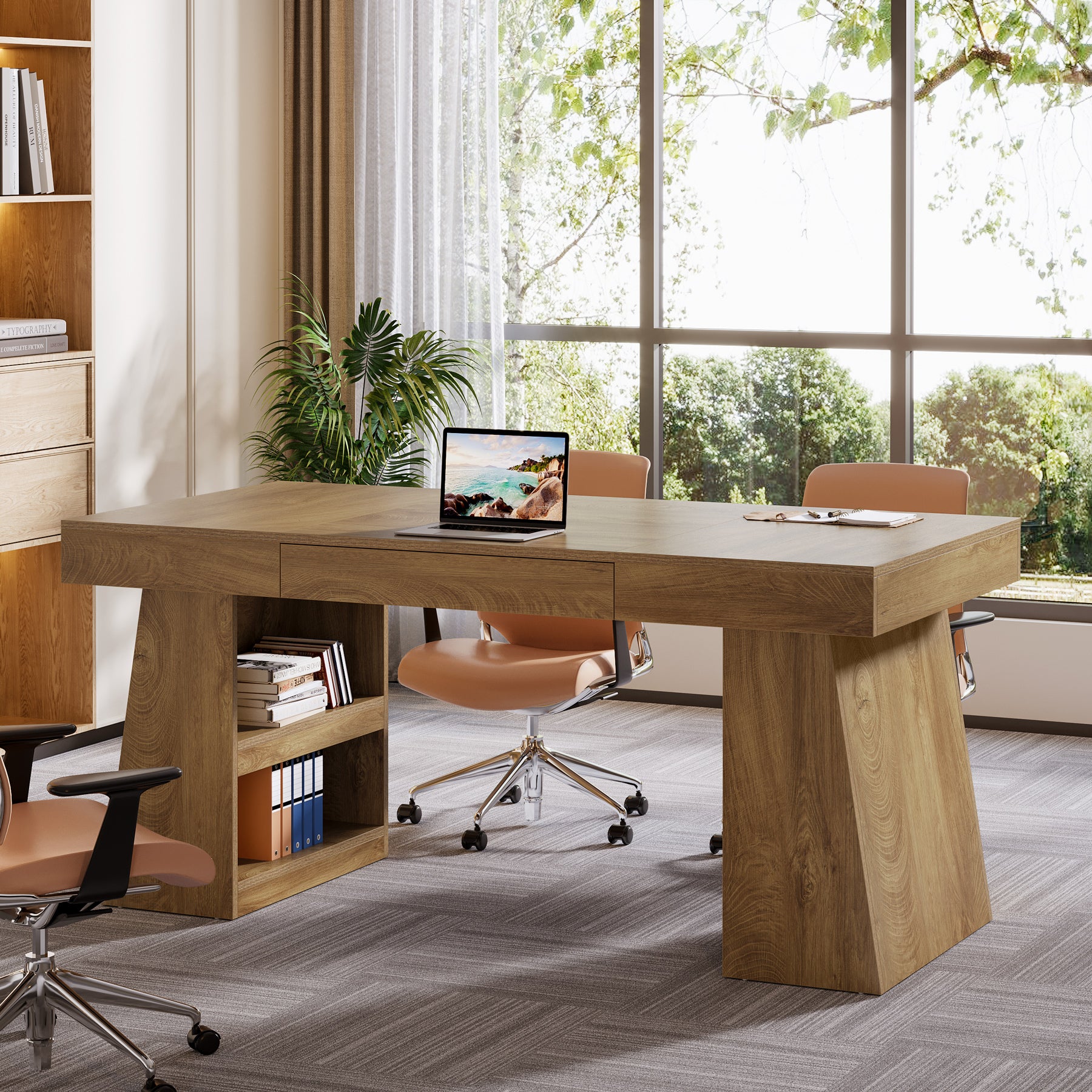 55 Inch Conference Table for 4-6 People, Farmhouse Rectangle Meeting Table with Storage Drawer and Shelves for Office Conference Room - Image 3