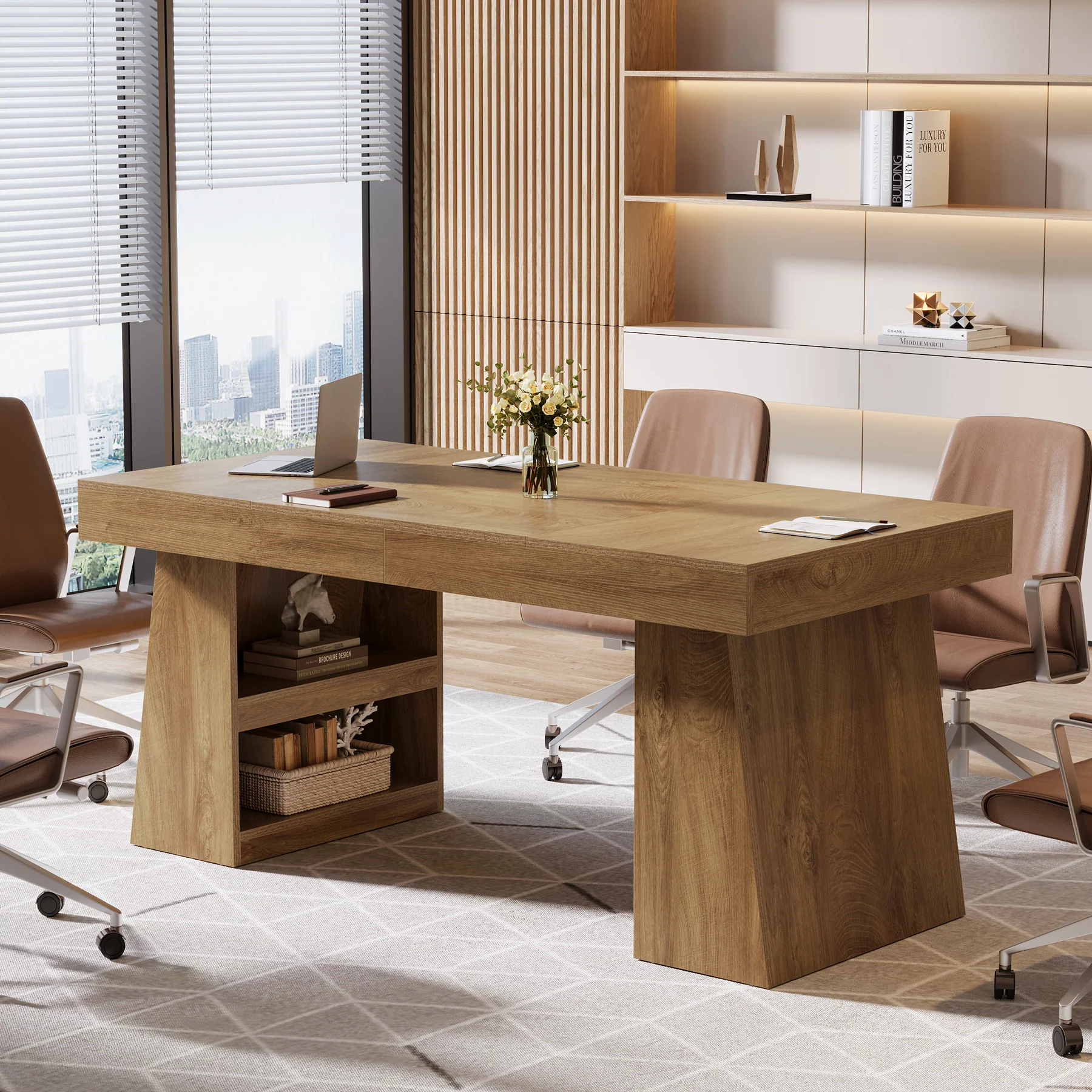 55 Inch Conference Table for 4-6 People, Farmhouse Rectangle Meeting Table with Storage Drawer and Shelves for Office Conference Room - Image 4