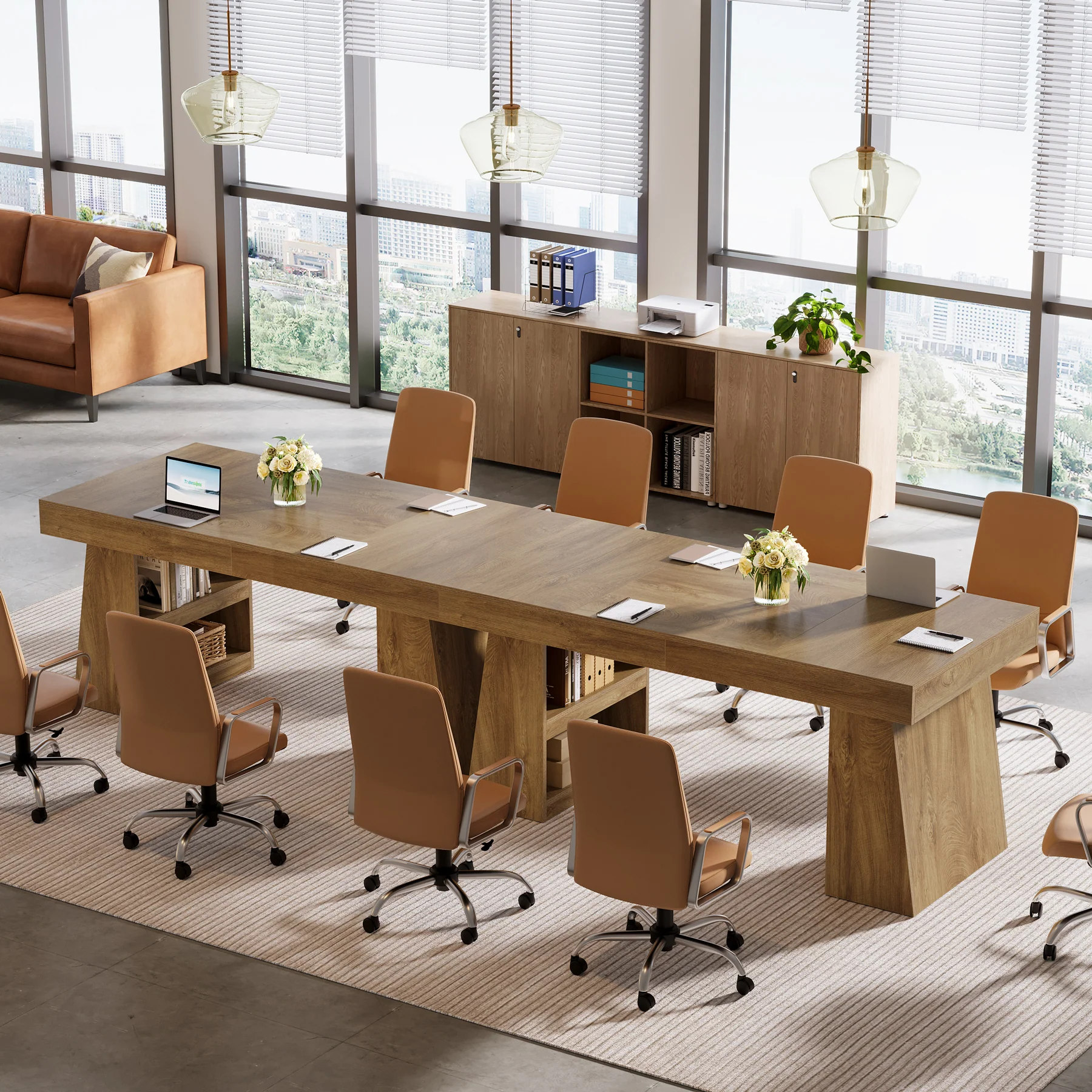 55 Inch Conference Table for 4-6 People, Farmhouse Rectangle Meeting Table with Storage Drawer and Shelves for Office Conference Room - Image 5