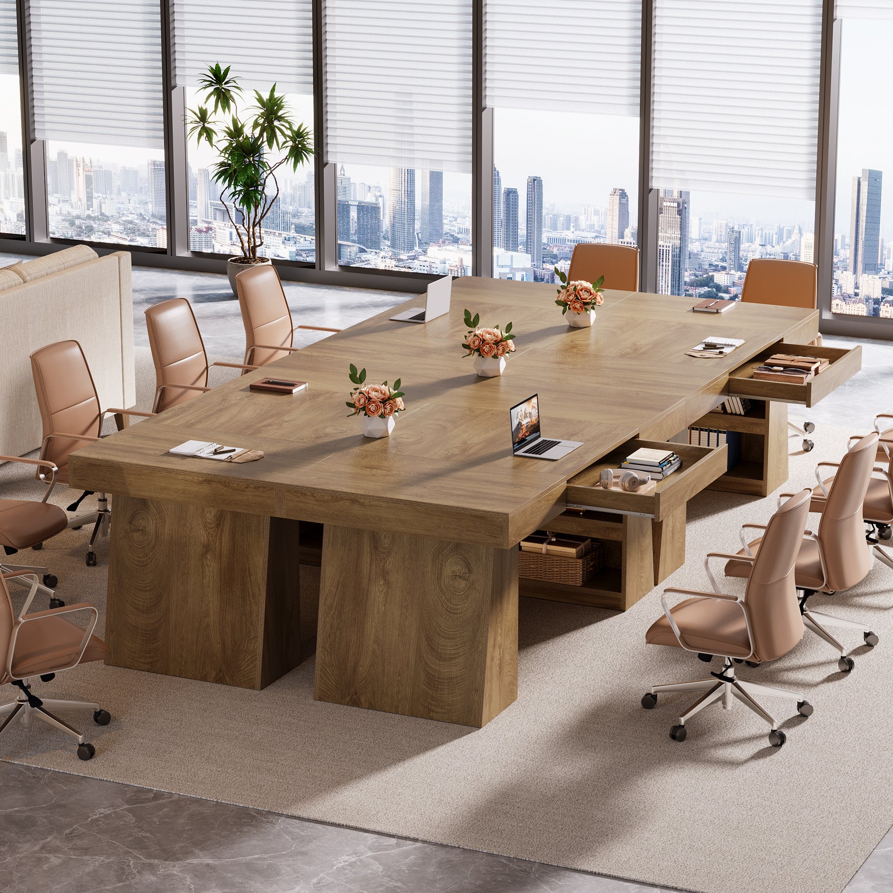 55 Inch Conference Table for 4-6 People, Farmhouse Rectangle Meeting Table with Storage Drawer and Shelves for Office Conference Room - Image 6