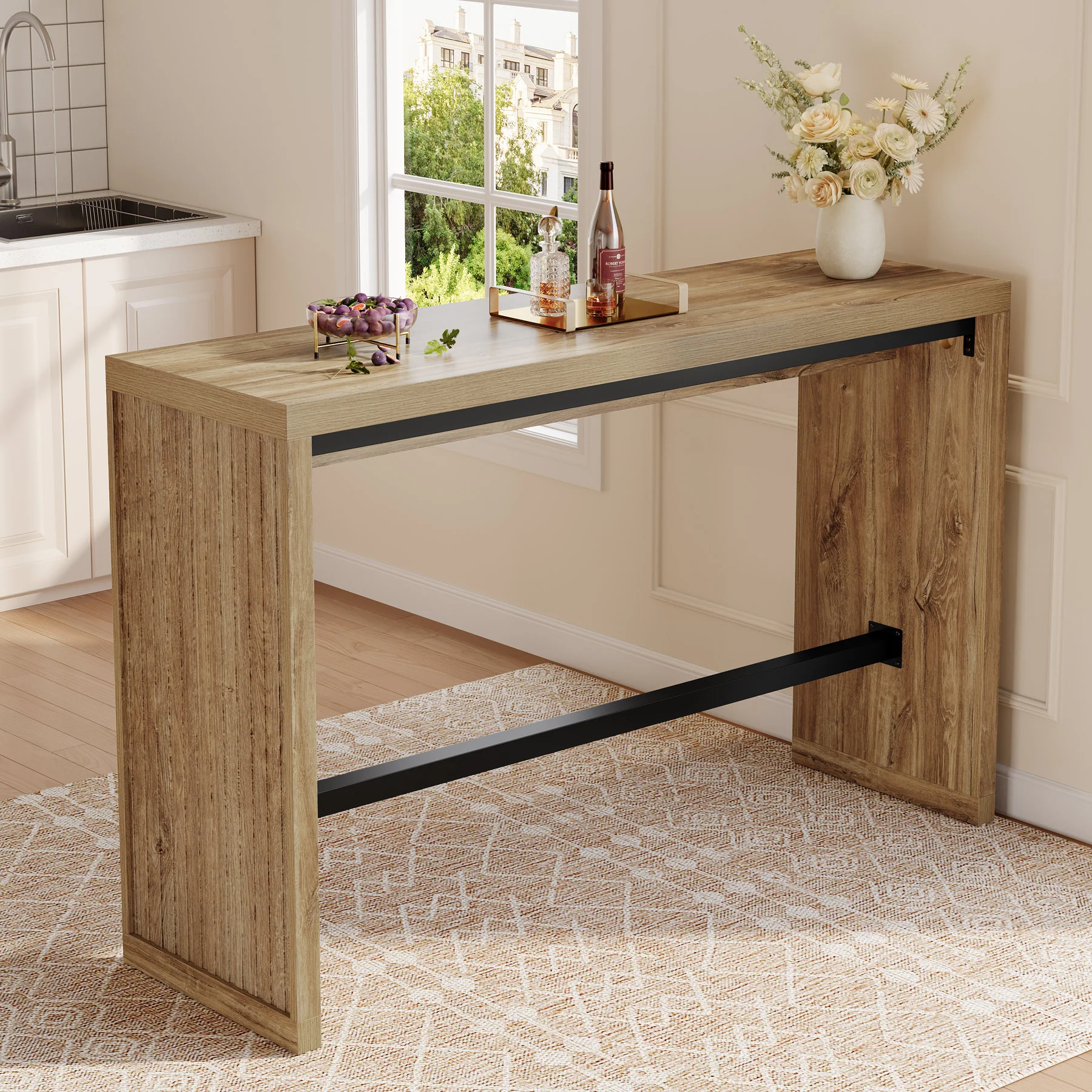 Tribesigns 55-Inch Counter Height Bar Table with Metal Footrest and Fluted Design, Rectangular High Top Pub Table for Home Bar Kitchen and Bistro - Image 5