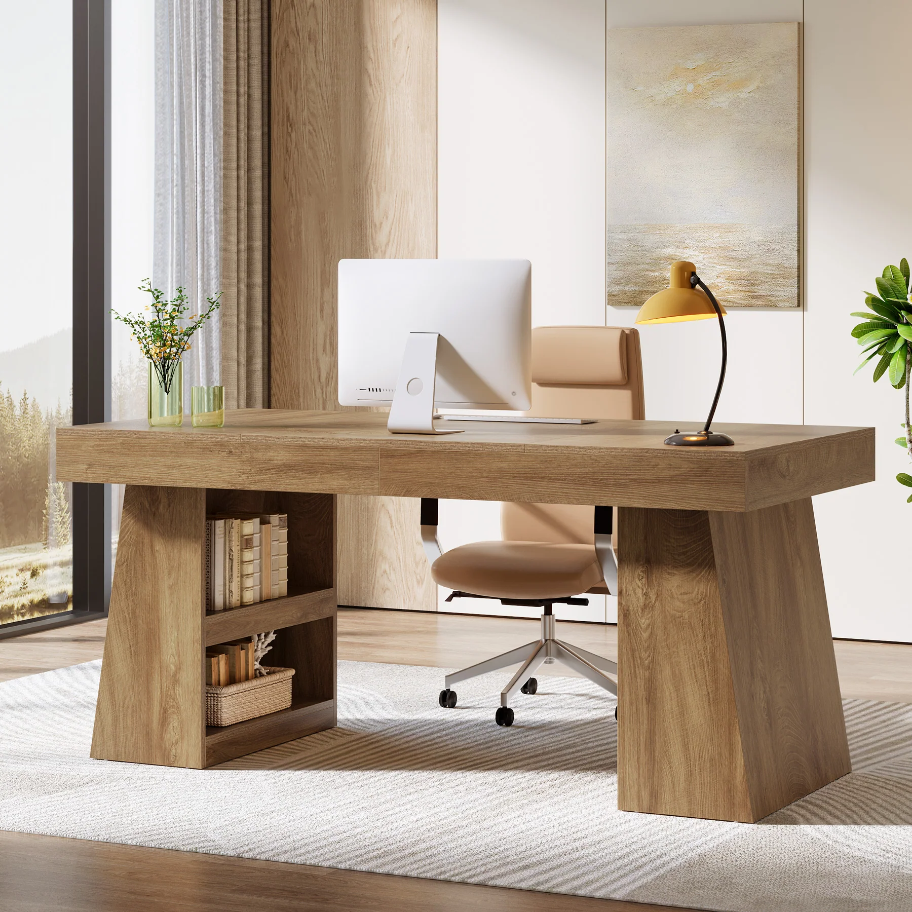 Tribesigns 55 Inch Executive Desk with Drawer, Large Office Computer Desk with Storage Shelves for Home Office - Image 4