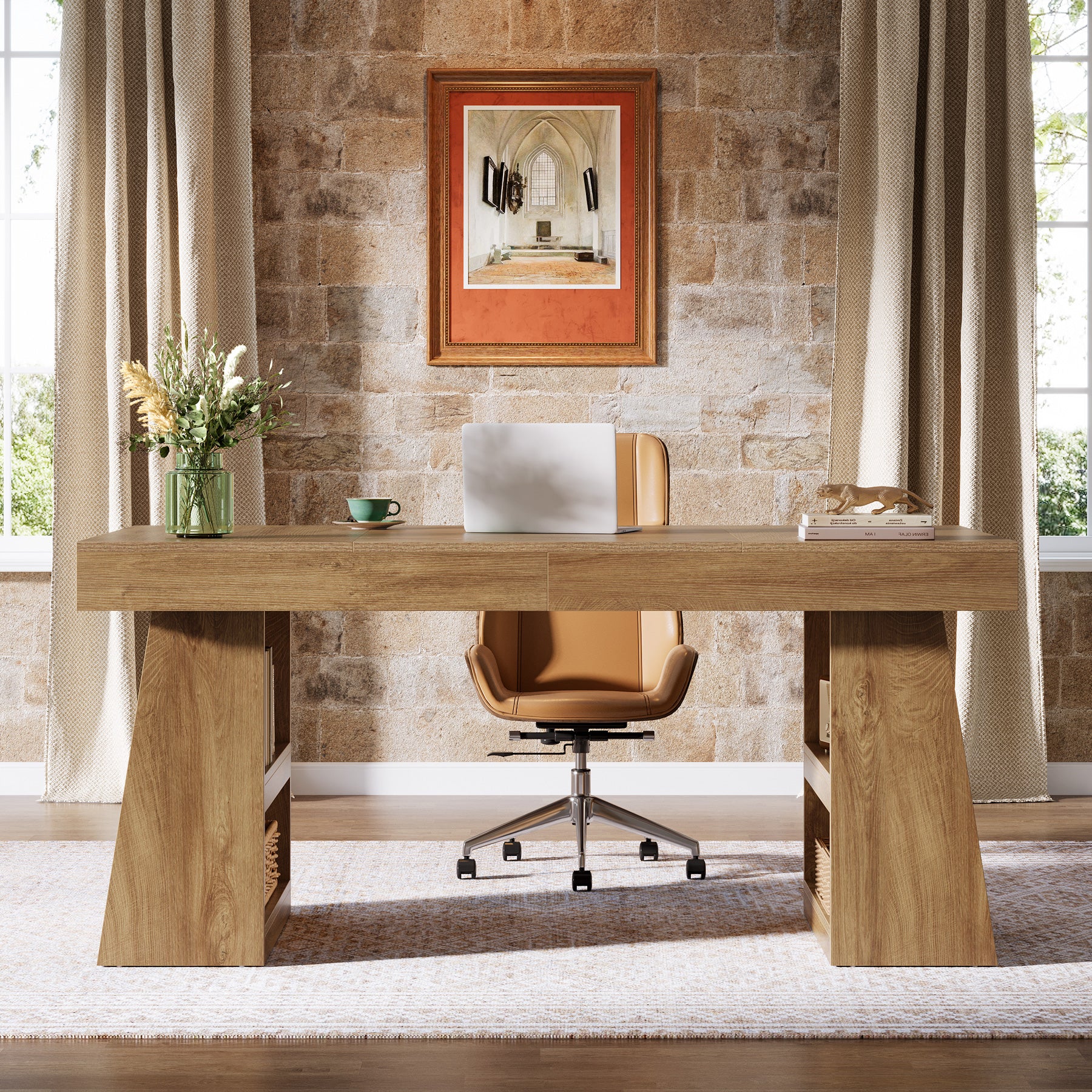 Tribesigns 55 Inch Executive Desk with Drawer, Large Office Computer Desk with Storage Shelves for Home Office - Image 7