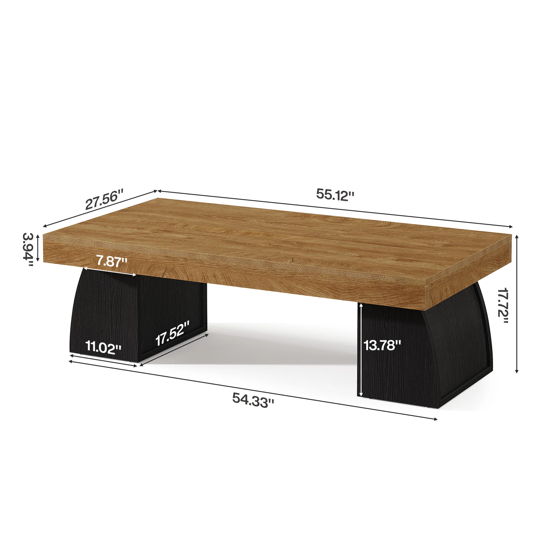 55.12 Inch Farmhouse Coffee Table with Curved Support Base, Rectangular Center Table for Living Room - Image 2