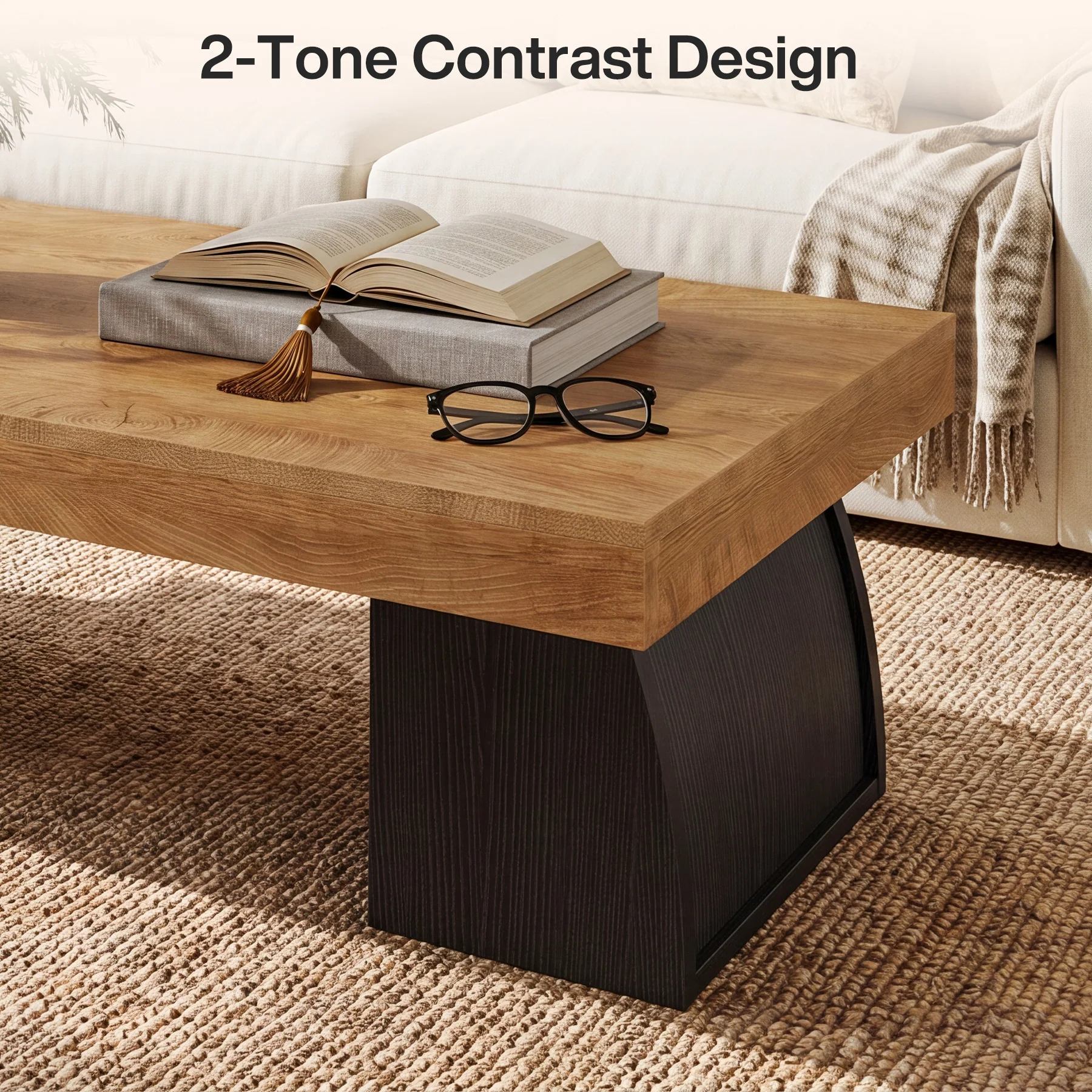 55.12 Inch Farmhouse Coffee Table with Curved Support Base, Rectangular Center Table for Living Room - Image 3