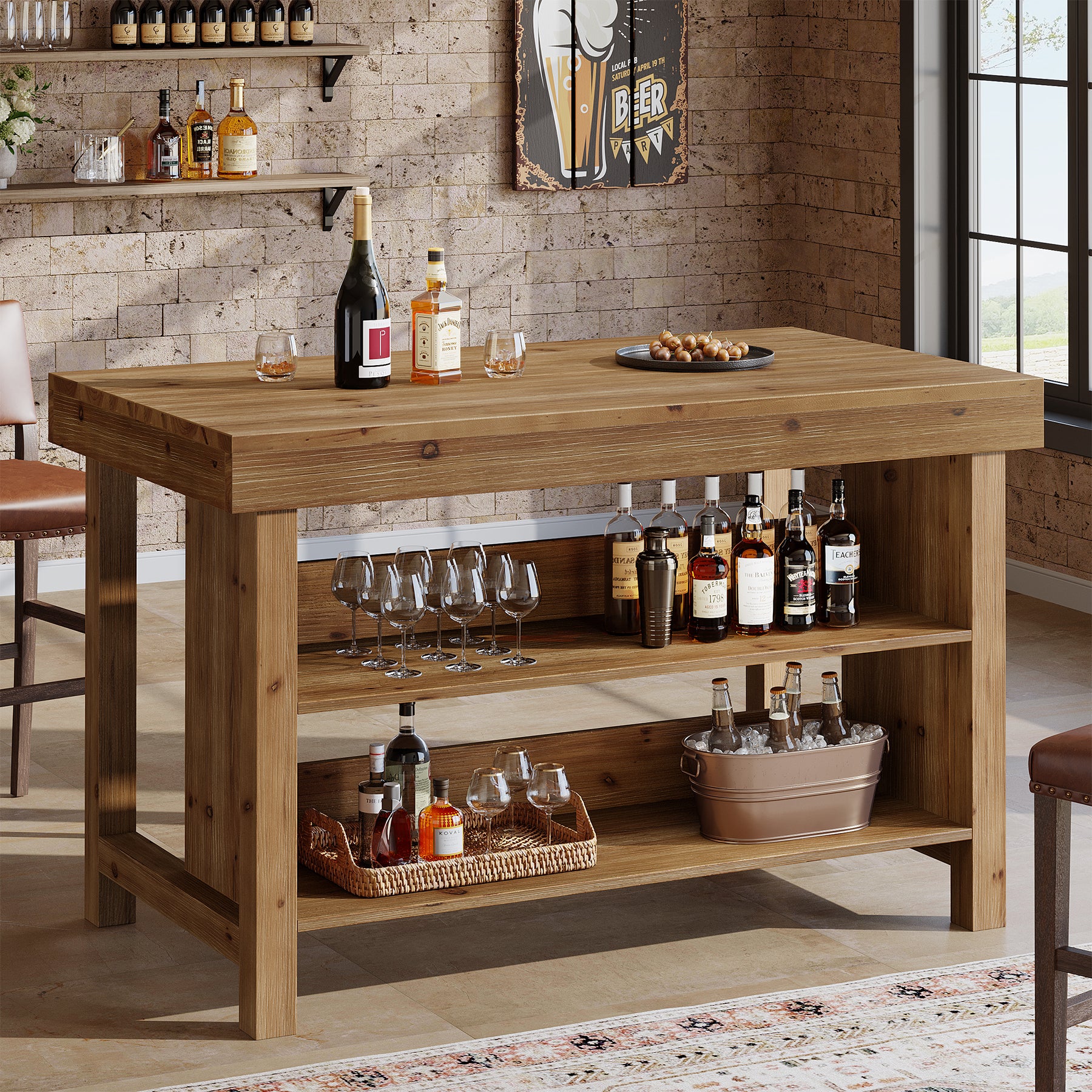 Tribesigns 55-Inch Solid Wood Bar Table with 3-Tier Open Storage Shelves, Farmhouse Counter Height Pub Table - Image 6