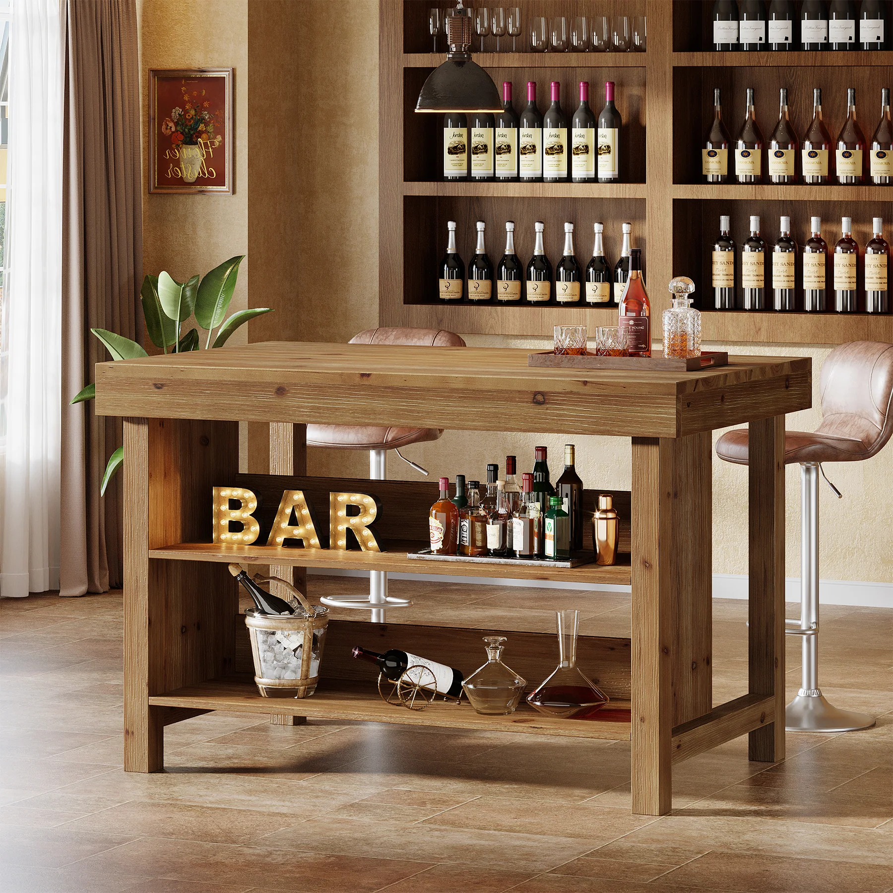 Tribesigns 55-Inch Solid Wood Bar Table with 3-Tier Open Storage Shelves, Farmhouse Counter Height Pub Table - Image 8