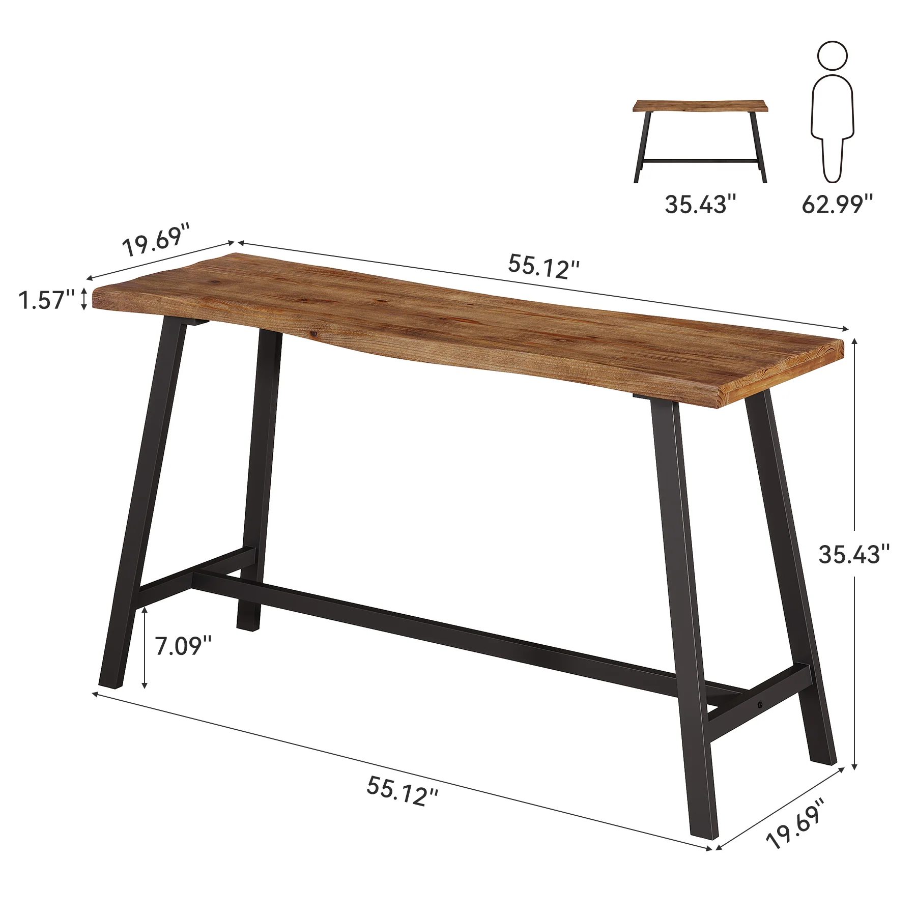 55 Inch Solid Wood Bar Table with Metal Frame and Footrest, Industrial Counter Height Pub Table for Kitchen - Image 2