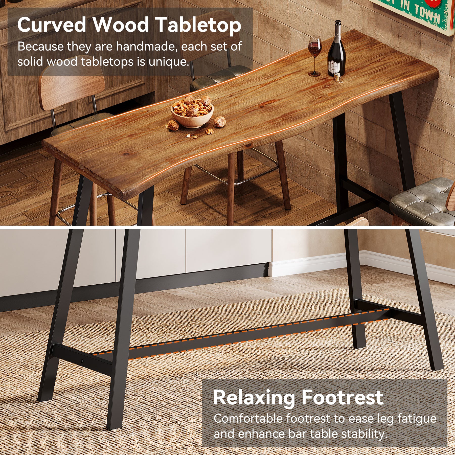55 Inch Solid Wood Bar Table with Metal Frame and Footrest, Industrial Counter Height Pub Table for Kitchen - Image 3