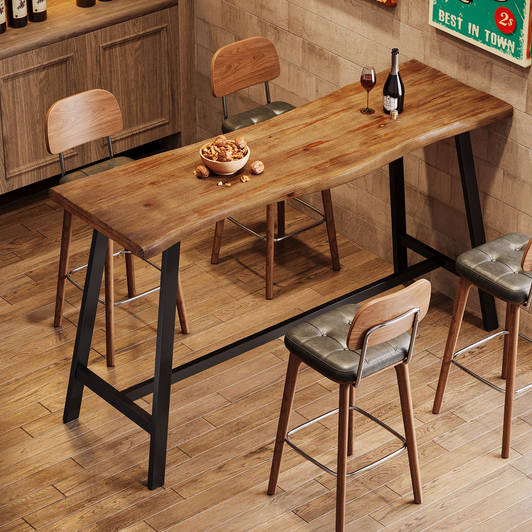 55 Inch Solid Wood Bar Table with Metal Frame and Footrest, Industrial Counter Height Pub Table for Kitchen - Image 5