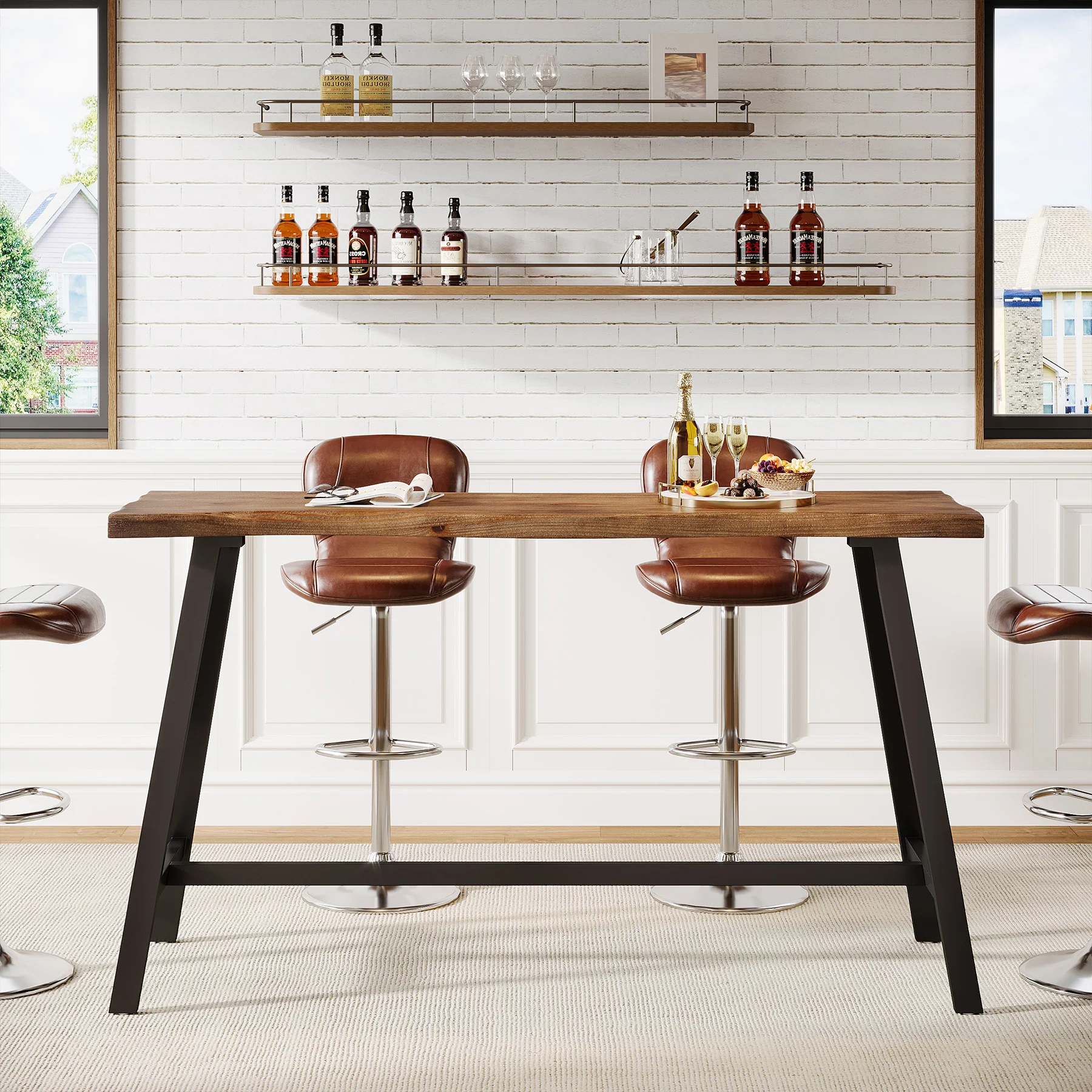 55 Inch Solid Wood Bar Table with Metal Frame and Footrest, Industrial Counter Height Pub Table for Kitchen - Image 6