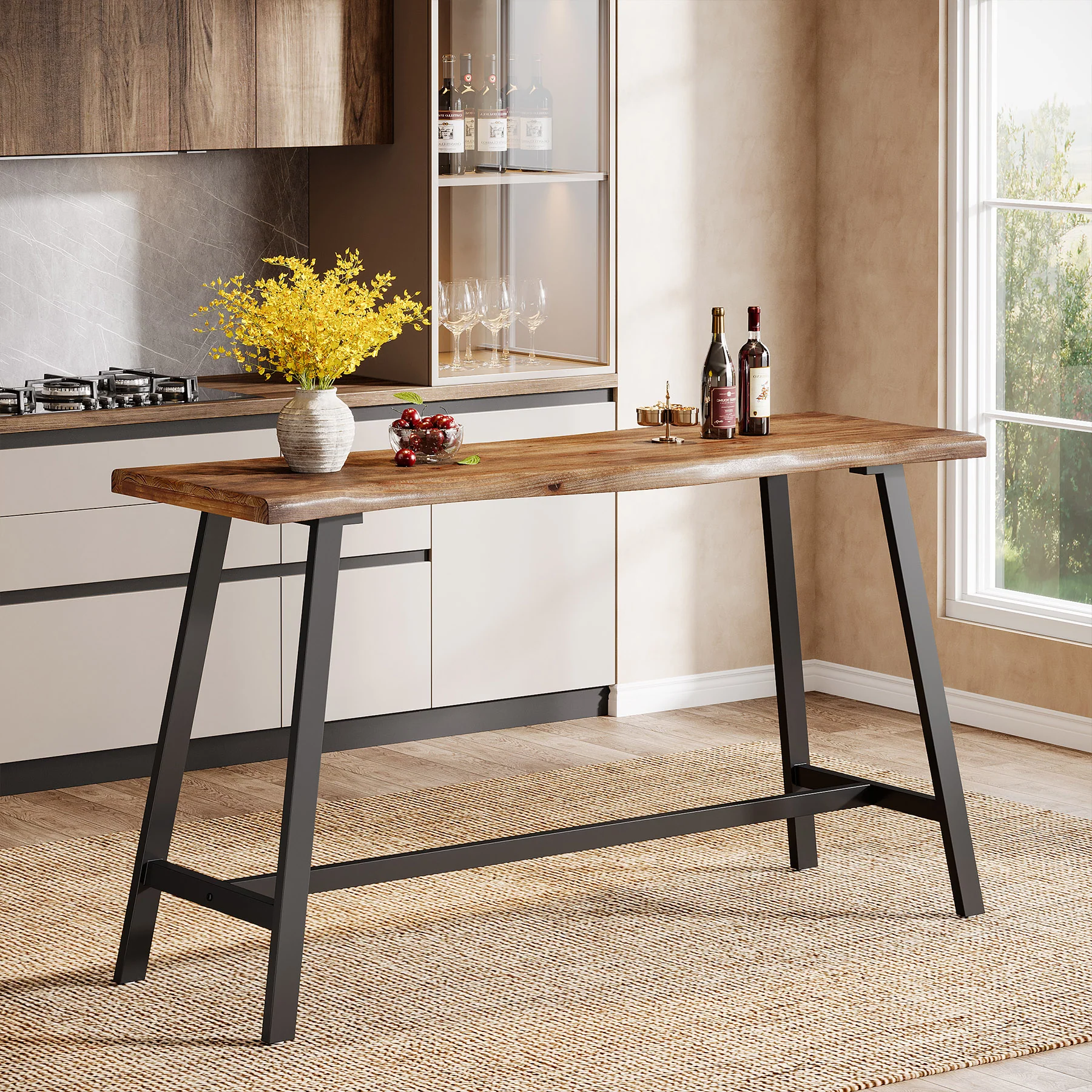 55 Inch Solid Wood Bar Table with Metal Frame and Footrest, Industrial Counter Height Pub Table for Kitchen - Image 8
