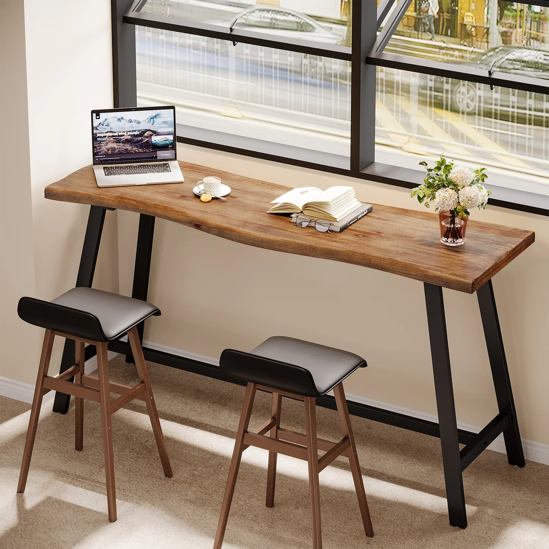 55 Inch Solid Wood Bar Table with Metal Frame and Footrest, Industrial Counter Height Pub Table for Kitchen - Image 9