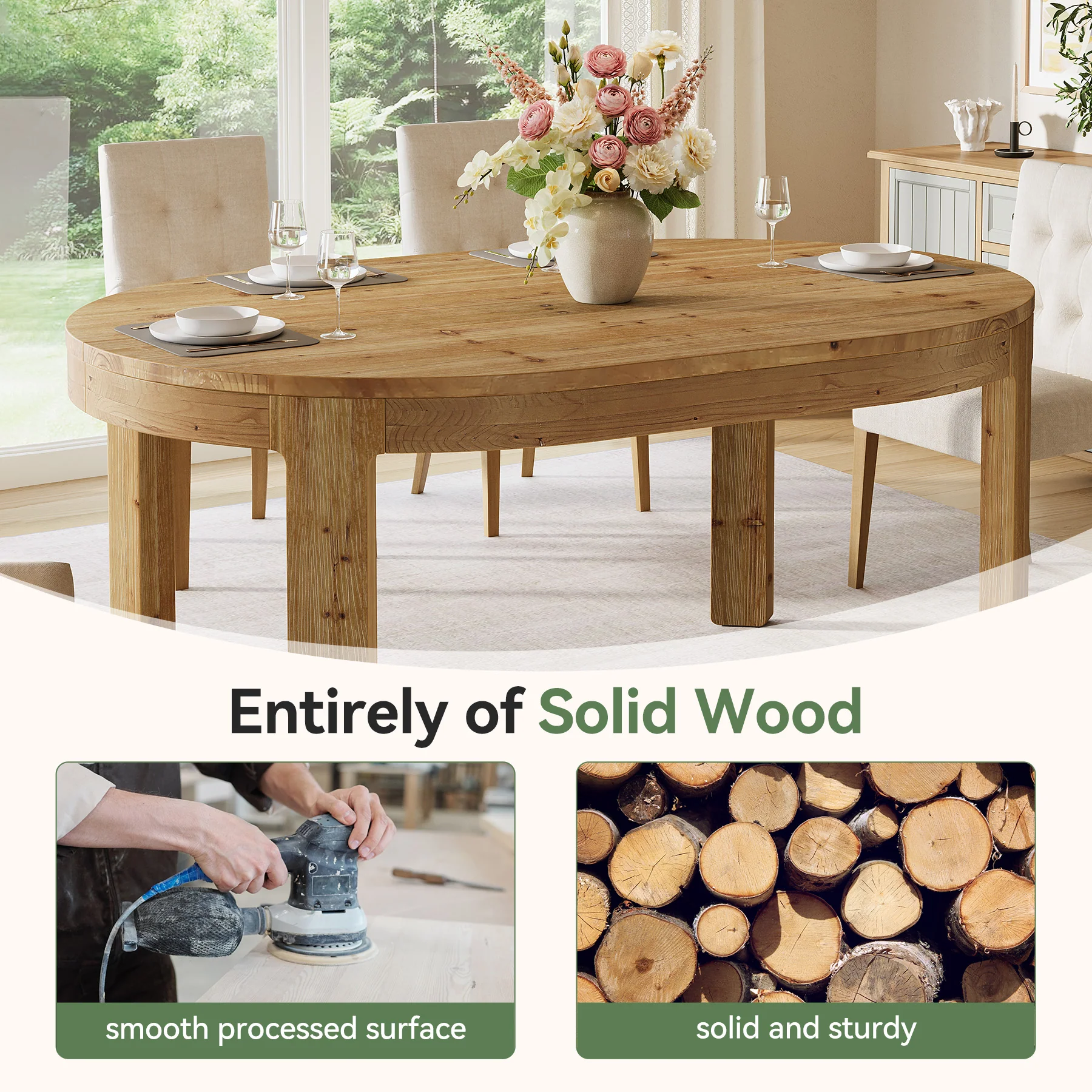 Tribesigns 55-Inch Farmhouse Oval Dining Table, Solid Wood Kitchen Table for 4 in Small Spaces - Image 4