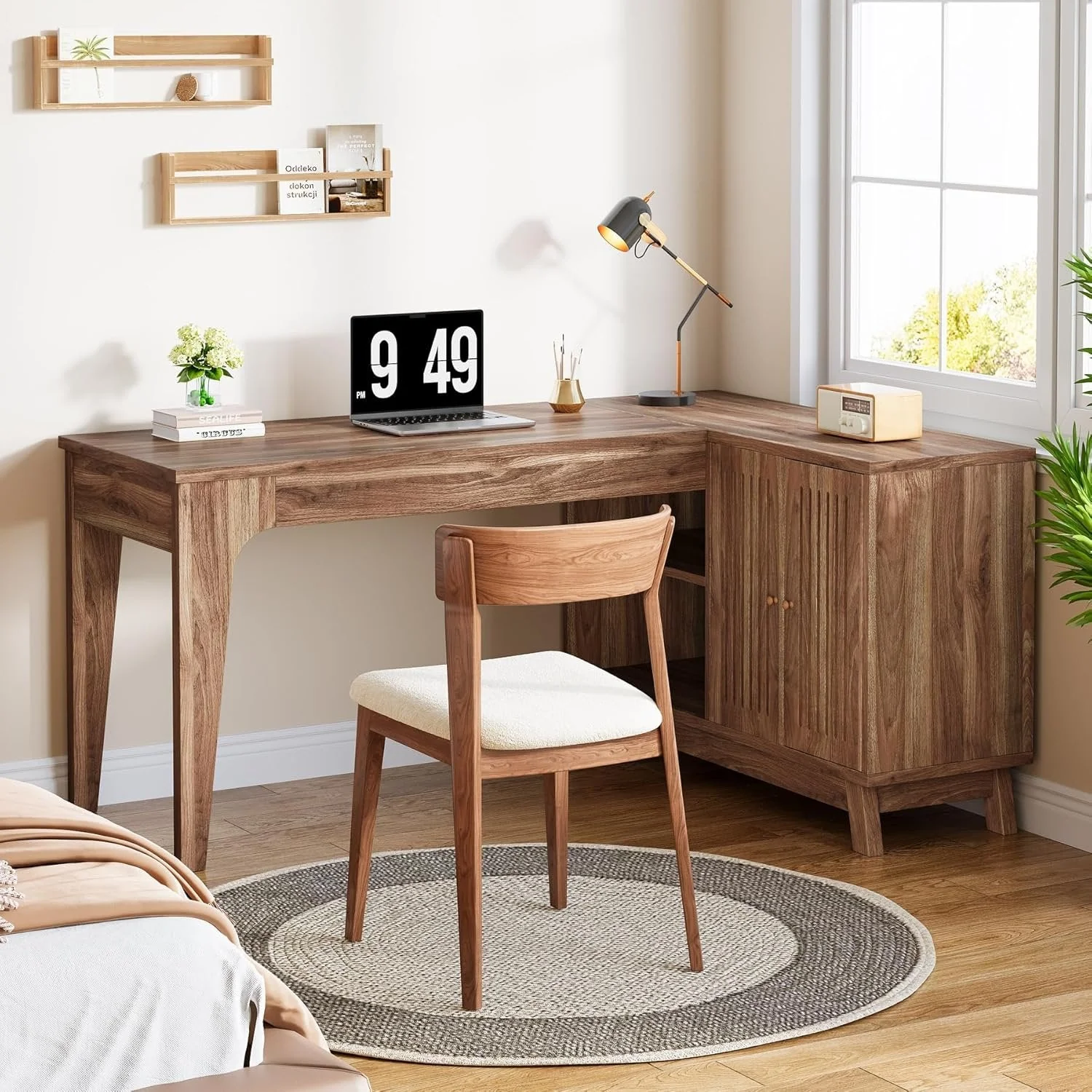 57-Inch L-Shaped Corner Desk with Storage Cabinet, Wood Home Office Workstation and Study Writing Table - Image 5
