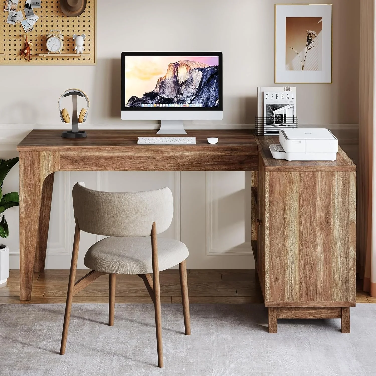 57-Inch L-Shaped Corner Desk with Storage Cabinet, Wood Home Office Workstation and Study Writing Table - Image 6