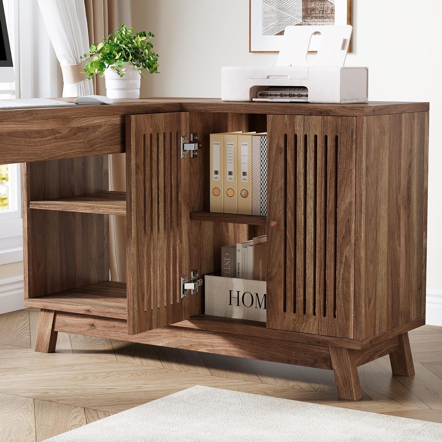 57-Inch L-Shaped Corner Desk with Storage Cabinet, Wood Home Office Workstation and Study Writing Table - Image 7